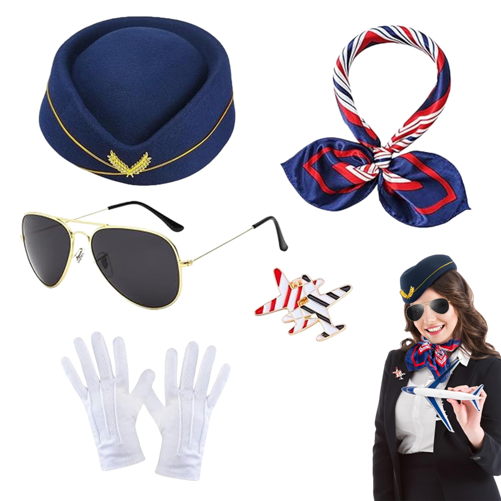 MUNSKT 5Pcs Flight Attendant Costume Accessories Set,Creative Airline Stewardess Dress Set with Scarves Stewardess Hat Gloves Sunglasses Brooch Carnival Fancy Dress Up Cosplay Outfit. (navy) — image 1