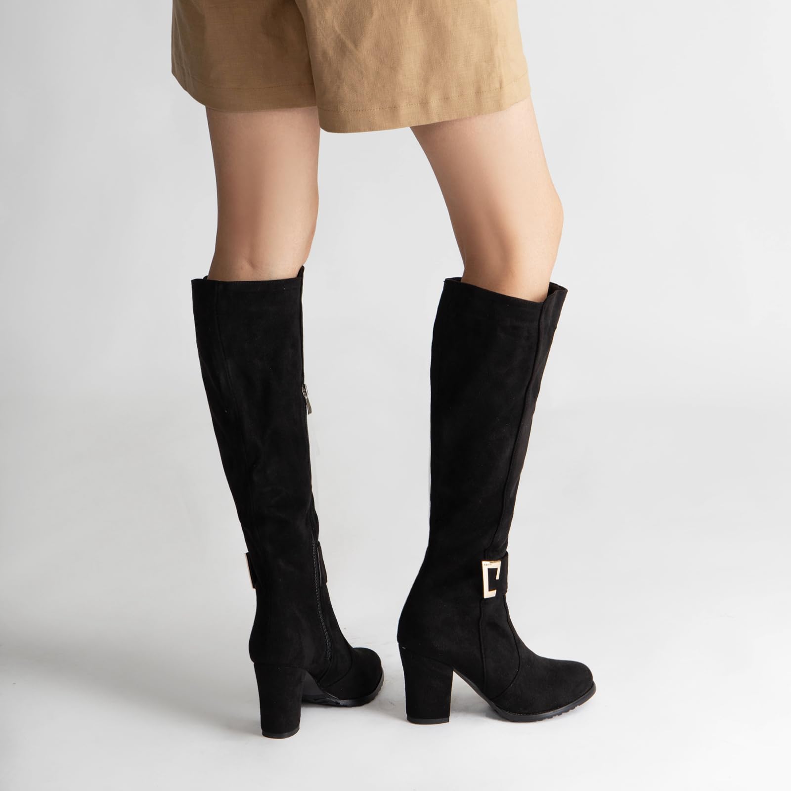 Onewus Damen Kniestiefel Blockabsatz Reißverschluss Warm Gefüttert