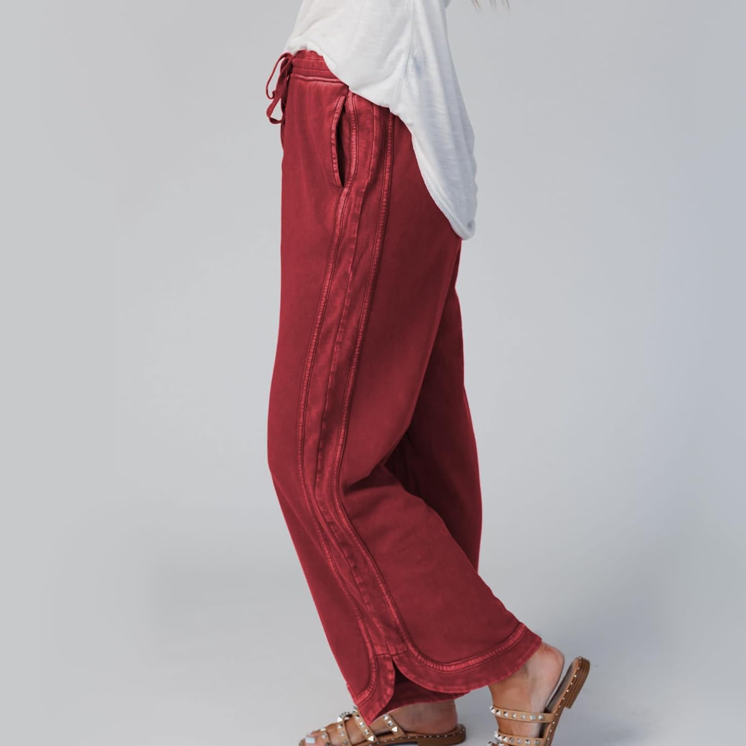 Hixiaohe Women's Casual Wide Leg Sweatpants High Waist Baggy Acid Wash Pants Drawstring Athletic Palazzo Pants with Pockets - Image 7