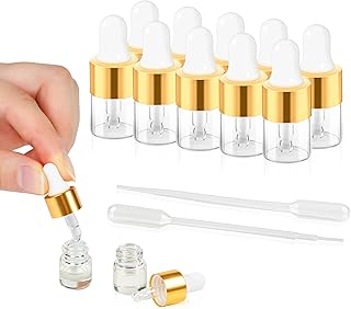 10pcs Mini Glass Dropper Bottle for Essential Oil,1ml Small Clear Sample Dropper Vails with Gold Cap,Perfume Cosmetic Liquid Containers for Traveling