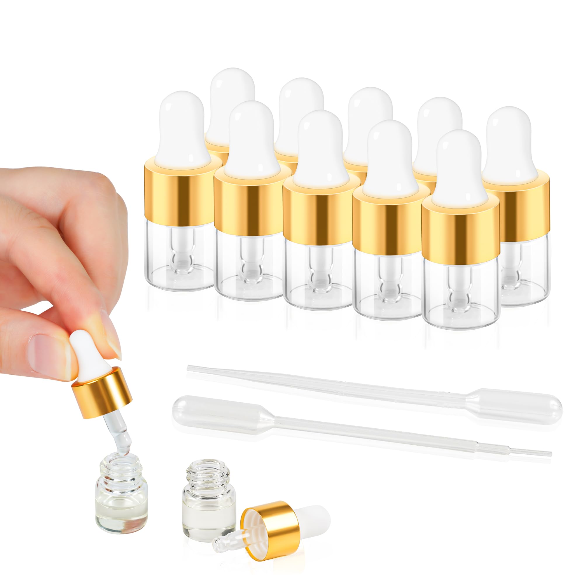 Mini botella cuentagotas de vidrio de 1 ml para aceite esencial, 10 unidades | Pequeño gotero transparente de viaje con tapa dorada, recipientes de perfume y líquidos cosméticos para viajes