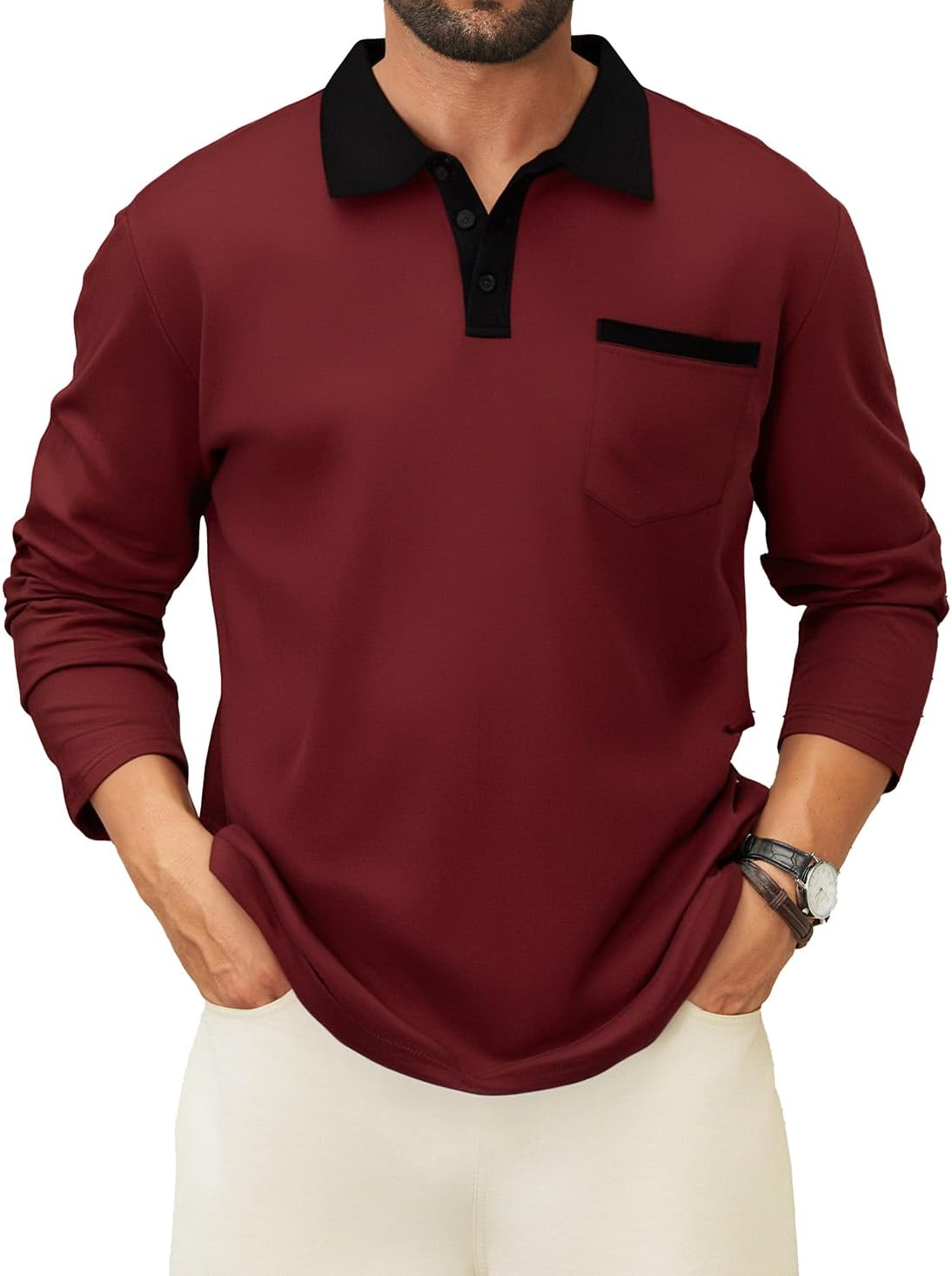 LuxMania Men's Casual Long Sleeve Polo Shirts Cotton Polos T Shirt Classic Button Collared Golf Shirt with Pocket