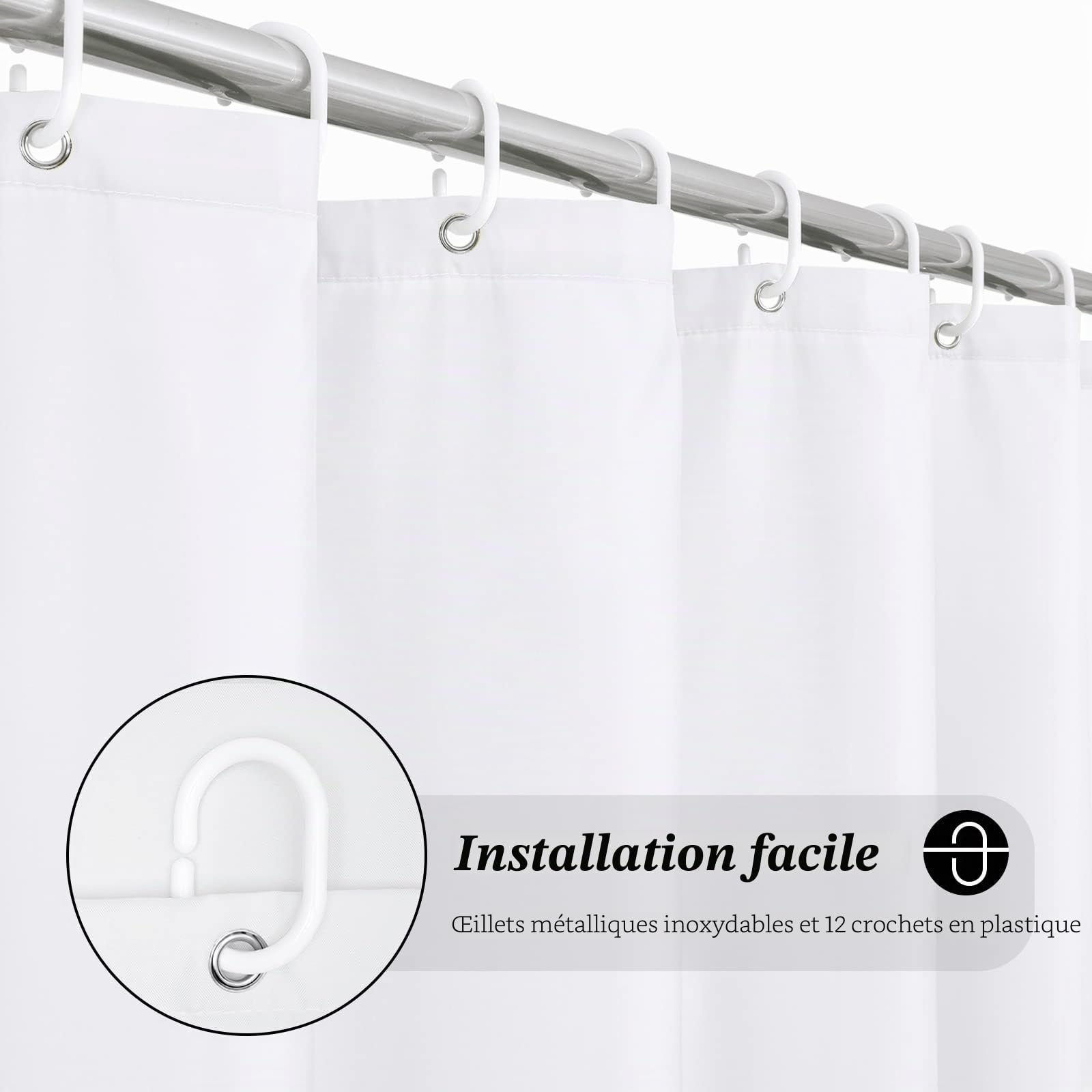 EurCross Rideau de douche 180x200 cm Blanc anti-moisissure imperméable lavable en machine