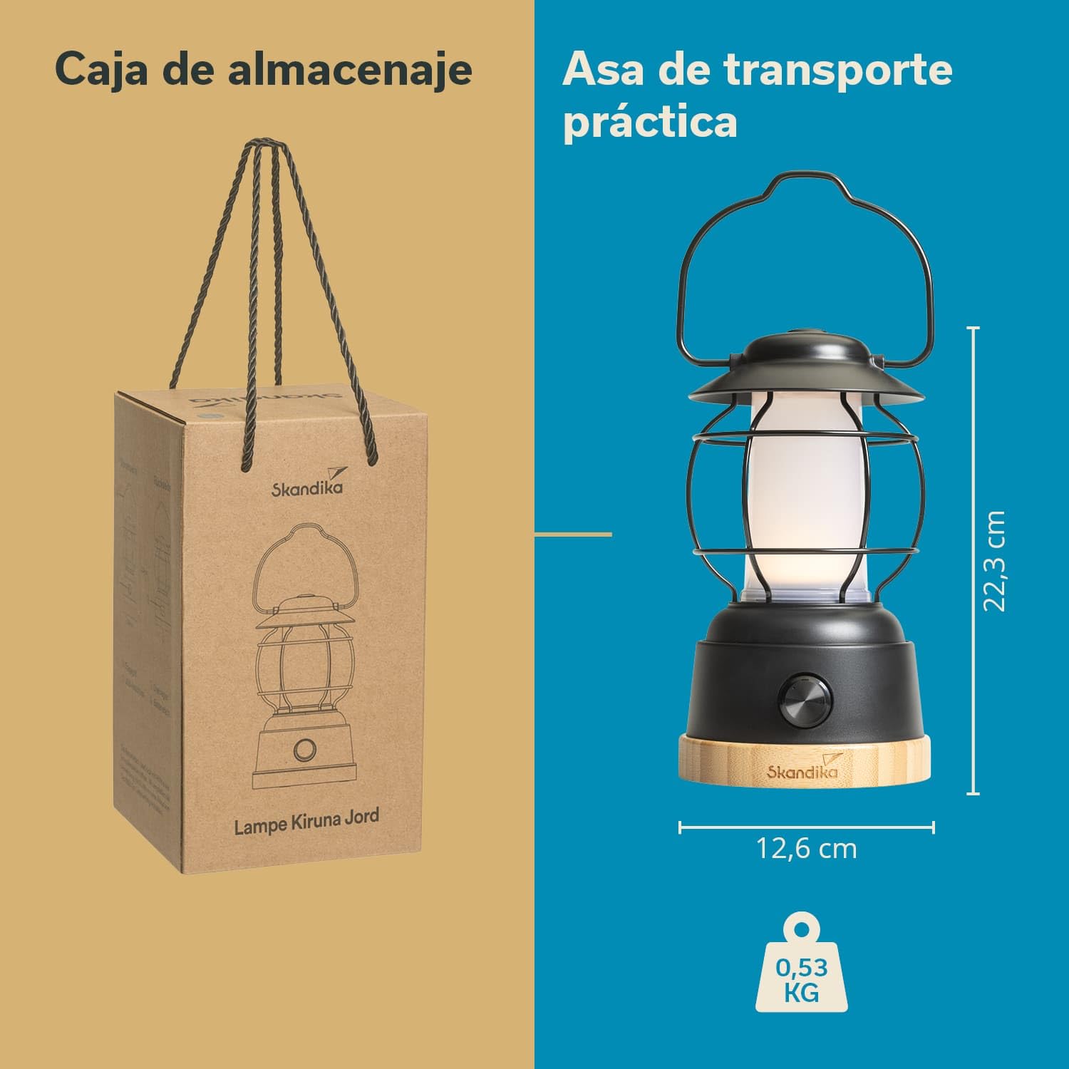 Skandika Lámpara LED Kiruna Jord | lámpara retro de camping para exteriores con power bank, regulable sin escalonamiento, sin cable, recargable, USB, estructura de acero, 200h de autonomía