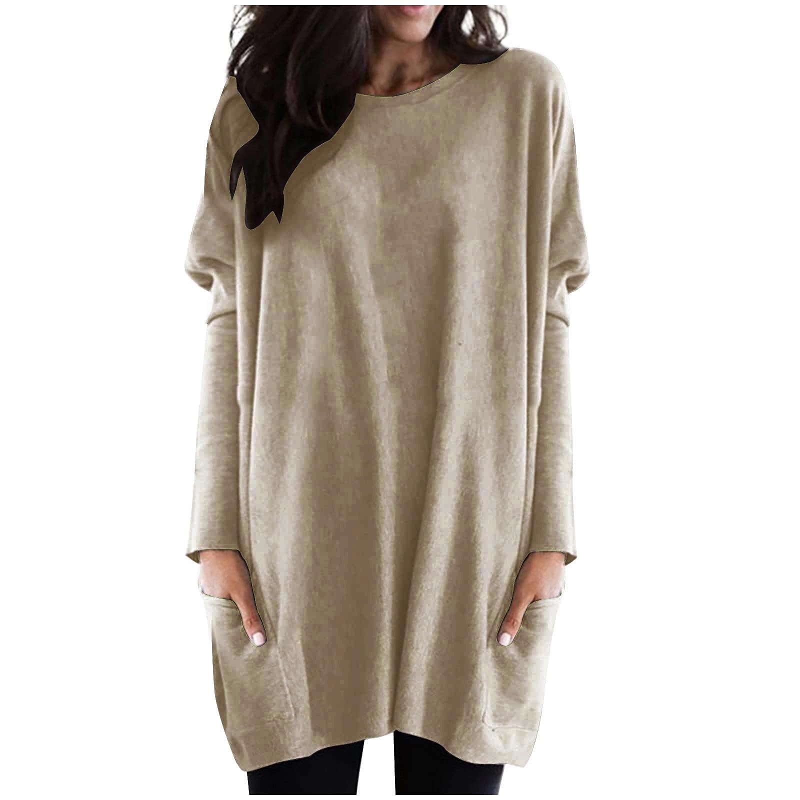 Womens Long Sleeve Tunic Tops for Leggings Fall Casual Long T Shirts with Pockets Dressy Loose Fit Oversized Cute Teacher Clothes Yellow