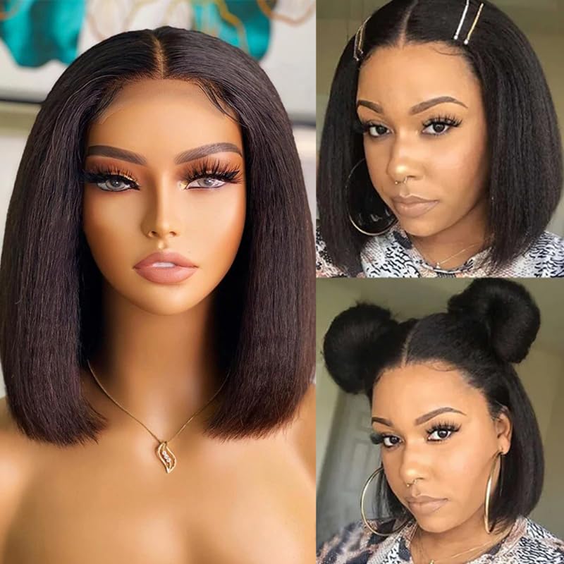 Miniatura 5 de Peluca de poliuretano de 12 pulgadas con base de seda, pelucas de cabello humano corto Yaki Bob para mujer, pelucas de cabello humano italiano Yaki