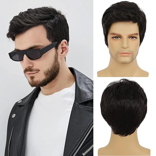 Dai Cloud Pelucas negras para hombre, parte lateral corta, natural, esponjoso, sintético, para fiesta diaria, Halloween, cosplay, con gorra de peluca