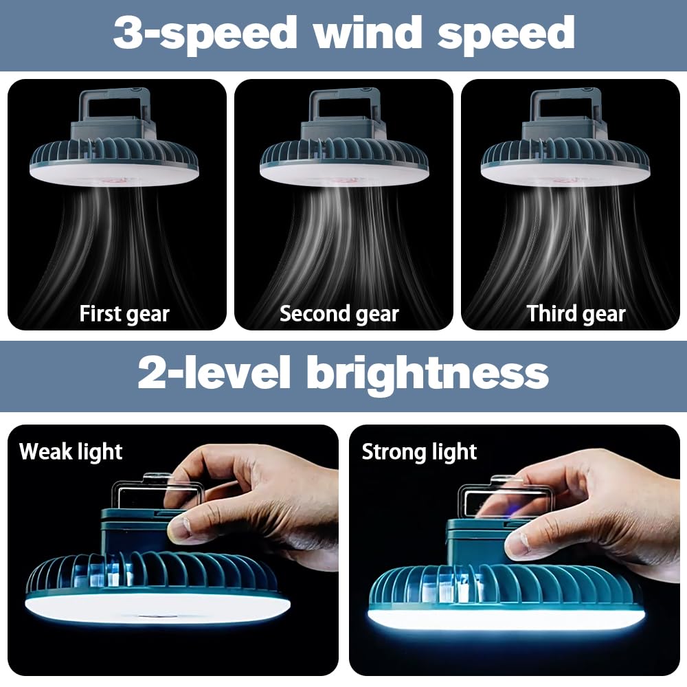 Lampada da Campeggio con Ventilatore, Lampada LED Ventilatore Portatile a Soffitto USB Ricaricabile, Forte Adsorbimento Magnetico e Gancio di Sospensione, 3 livelli Velocità del Vento (blu)