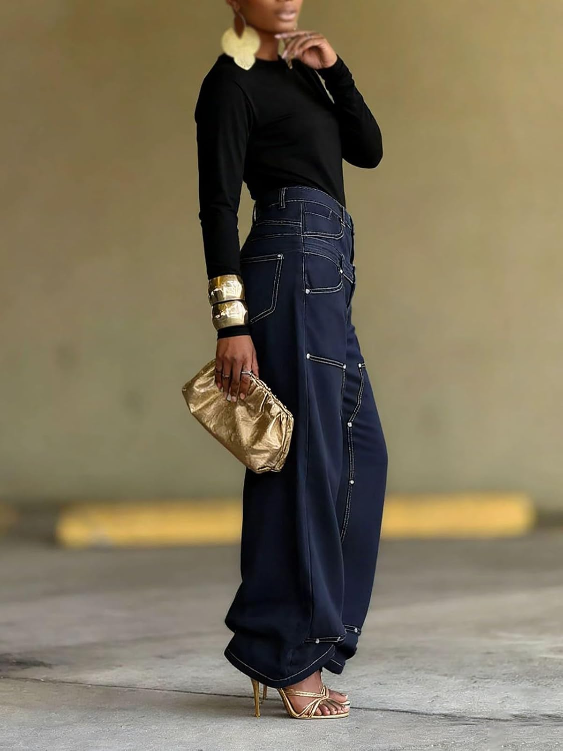 Women's Y2K Baggy Jeans High Waisted Stretch Elastic Waist Joggers,Fashion Leg Wide Leg Denim Pants