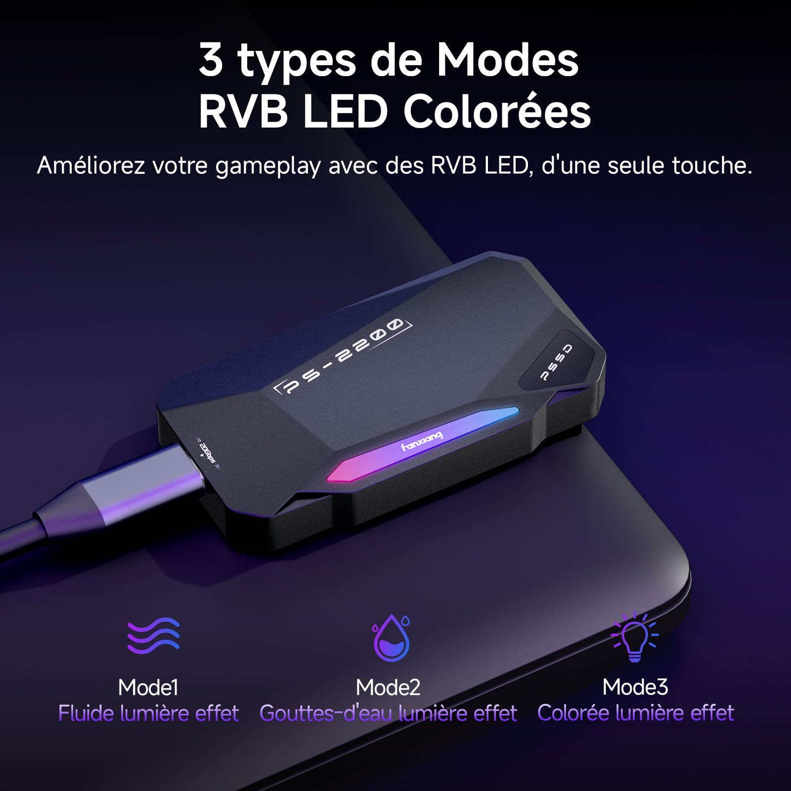fanxiang 2To SSD Externe Magnétique, Jusqu'à 2050Mo/s, USB 3.2 Gen2 USB-C, SSD Portable avec RGB LEDs, 4K ProRes HDR, Disque Dur Mémoire Externe pour iPhone15/16, Android/PC/Mac-PS2200