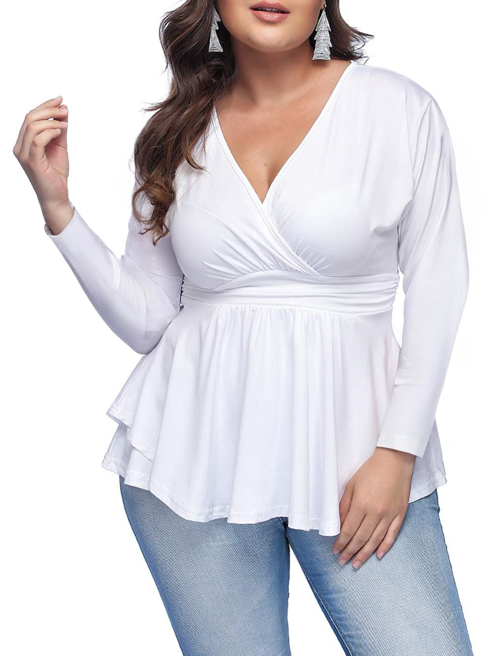RQQJRR Women's Plus Size Blouse Sexy Deep V Neck Pleated Short Sleeve Ruched Promenade Tops