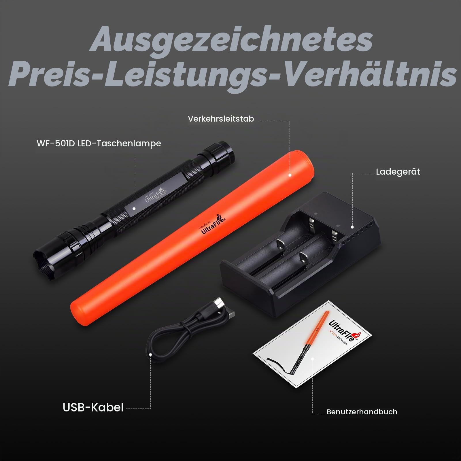 UltraFire 18 Zoll Verkehrsstab LED Taschenlampe, 1300 Lumen Signalstab für Verkehrskontrolle, 3 Modi mit Rotes Blinklicht, Orangen Stab für Flughafen, Feuerwehr, Autolenkung, Notfall, WF-501D