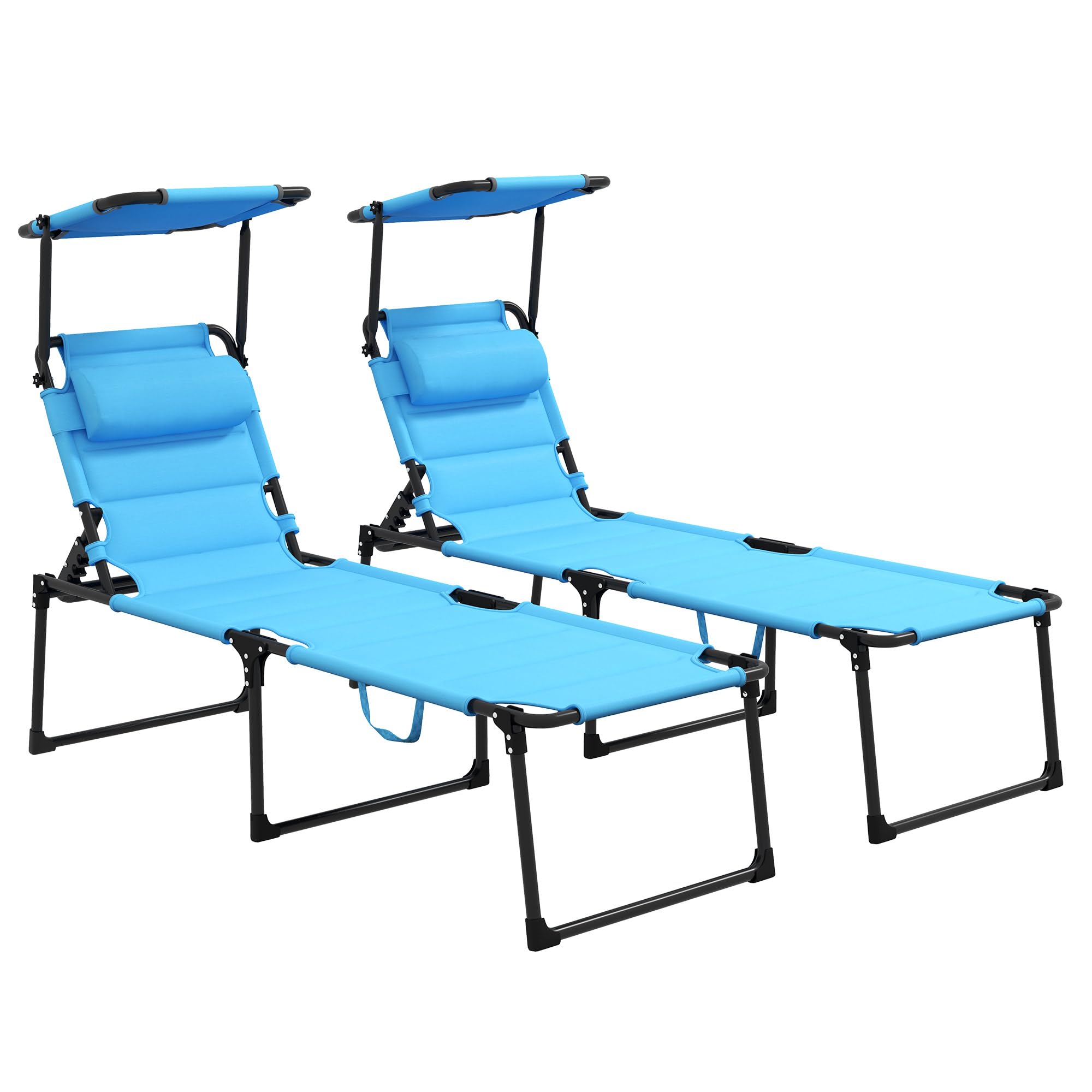 Outsunny 2 Pieces Outdoor Lounge Chair, Adjustable Backrest Folding Chaise Lounge, Cushioned Tanning Chair with Sunshade Roof & Pillow Headrest for Beach, Camping, Hiking, Light Blue