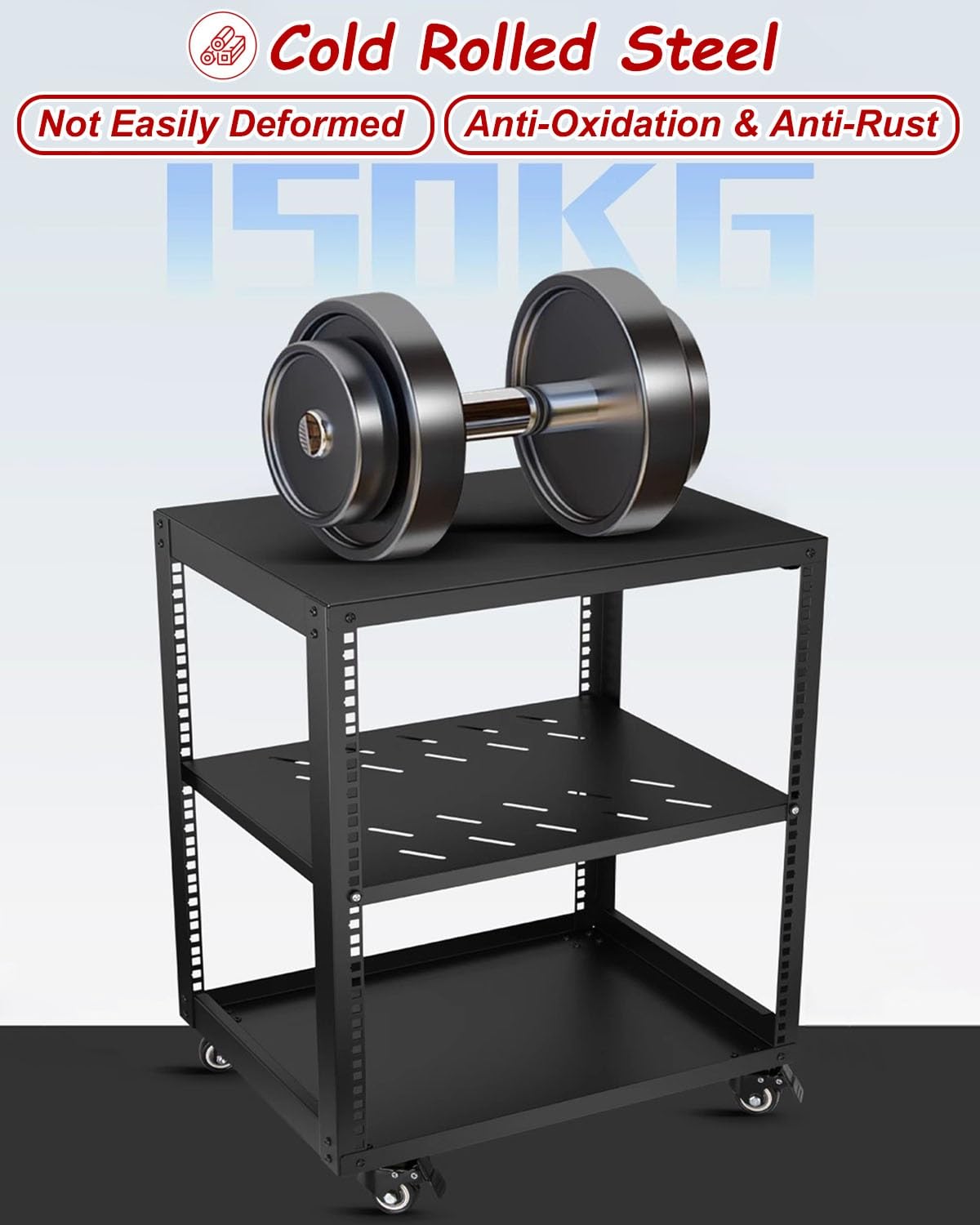 Vibeo Rack di Rete a Telaio Aperto Rack per Server Ventilato con Ripiani e 4 Ruote, Rack di Rete a Telaio Aperto 12U 16U 20U, Sistema Rack Audio per Apparecchiature di Rete da 48 cm(12U,2 Tier)