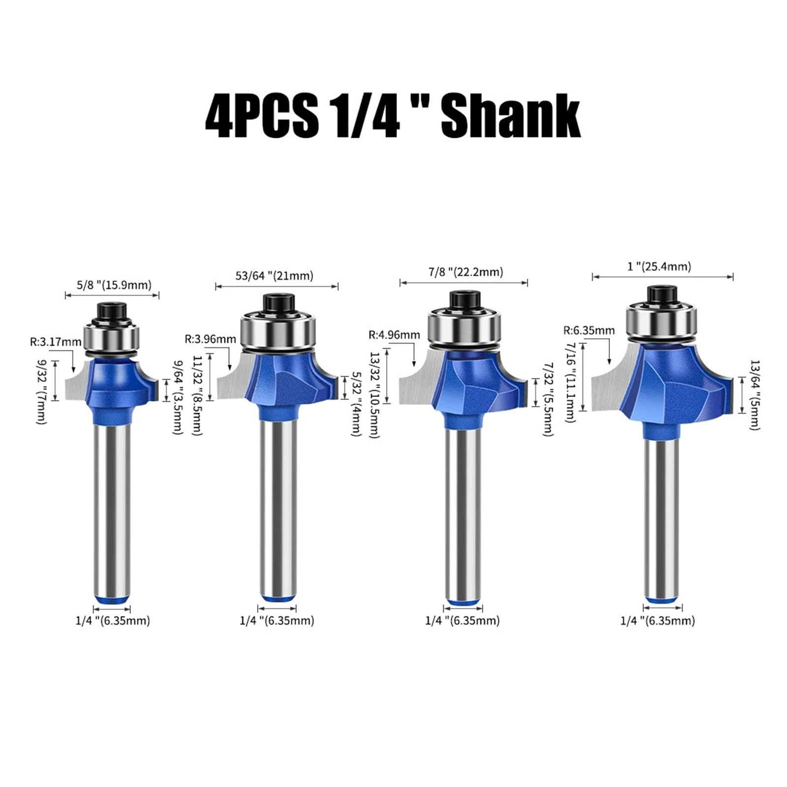 1/4szt. Chwyt calowy 6mm Niebieski okrągły zestaw frezów Wiertła z węglików spiekanych do obróbki drewna(4Pcs 6.35mm Shank)
