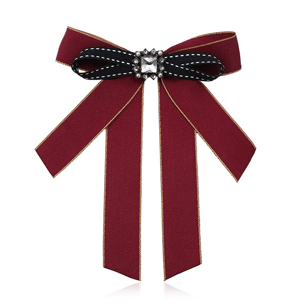 FASELE Women Bow Tie with Brooch Crystal bow brooch Ribbon Neck Tie for Working Party Accessories, 13w*18.5L, Aluminum, crystal