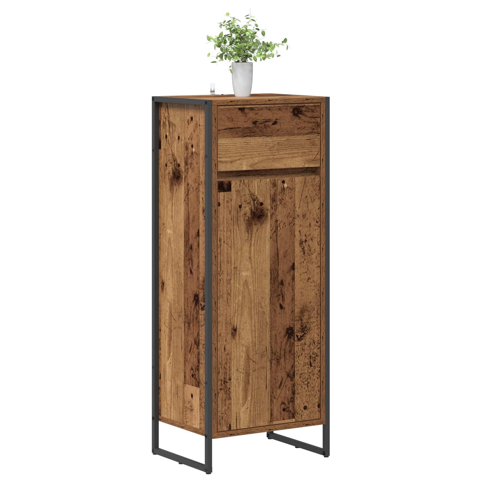 Mueble de baño de madera vieja 40 x 30 x 100 cm con cajón y puerta, ahorra espacio, patas de acero, moderno