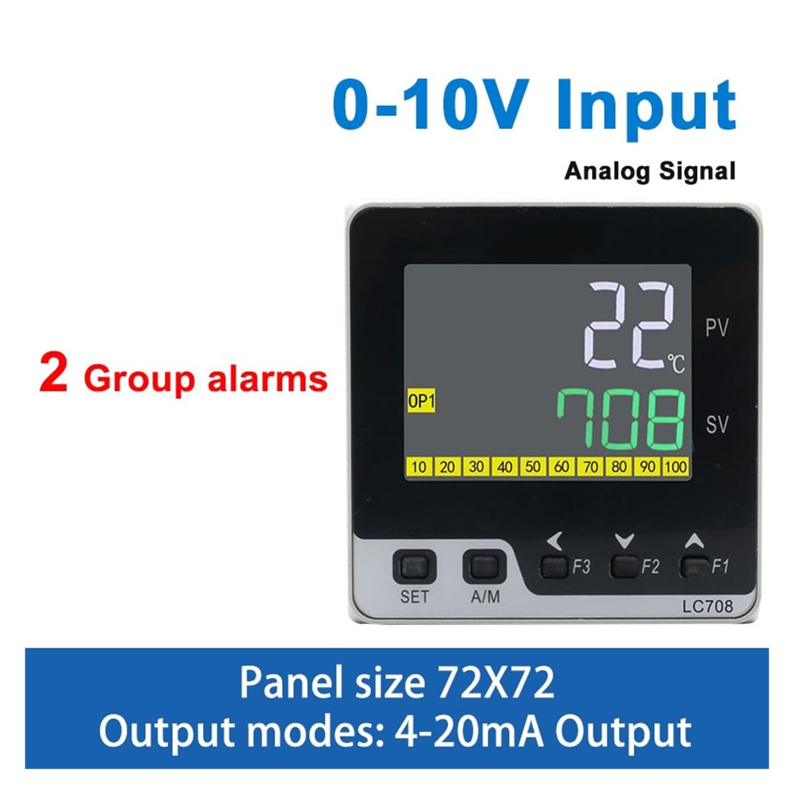 Controlador de Temperatura Controlador de Temperatura Digital PID, relé SSR, Salida 4-20 mA, regulador PID, Entrada 0-10 V, RS485 Modbus, 72 x 72 mm, LC708(4-20mA out 2Alarms)