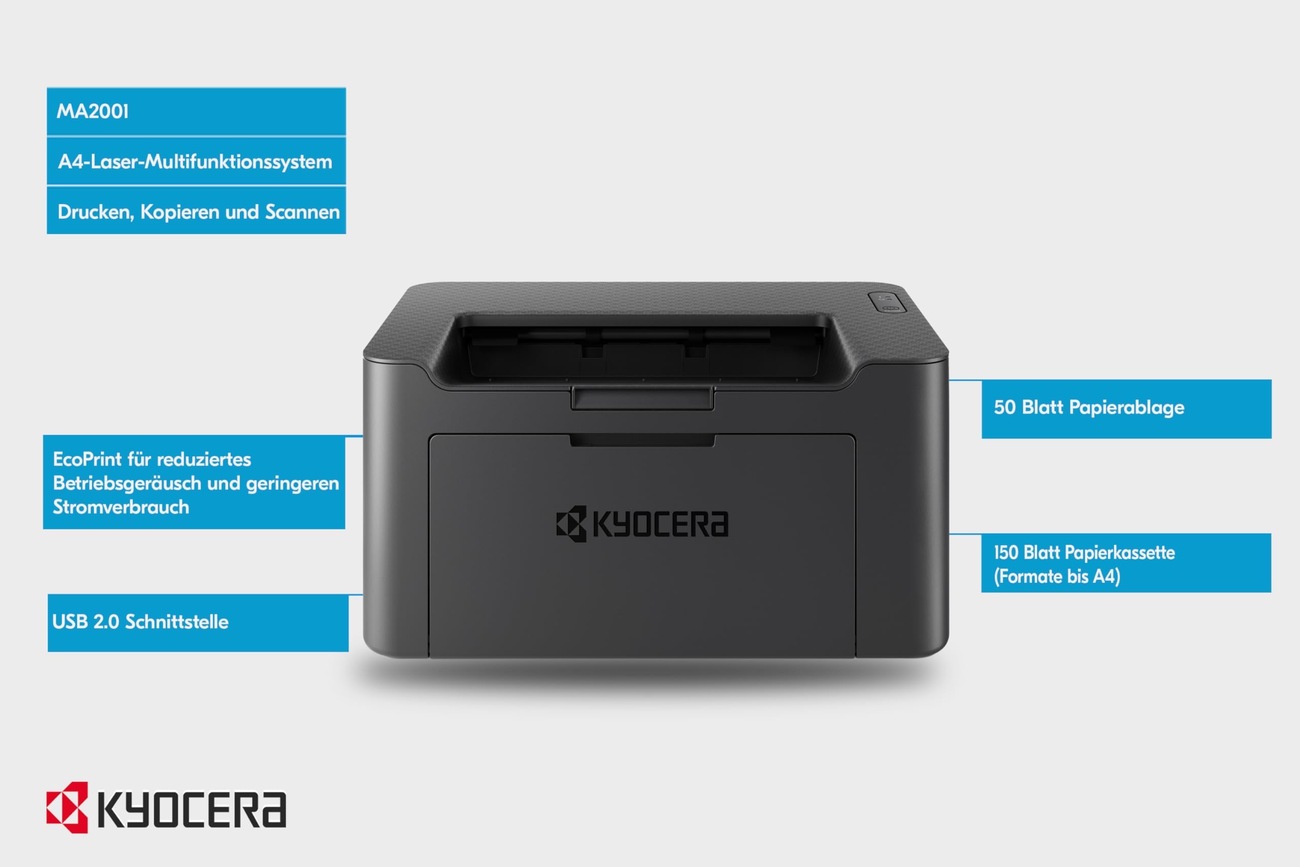 Kyocera System ochrony klimatu MA2001 drukarka laserowa 3 w 1: drukarka SW, kopiarka, skaner. 20 stron A4 na minutę. USB 2.0, 1200 dpi, funkcja skanowania nie jest kompatybilna z Apple IOS