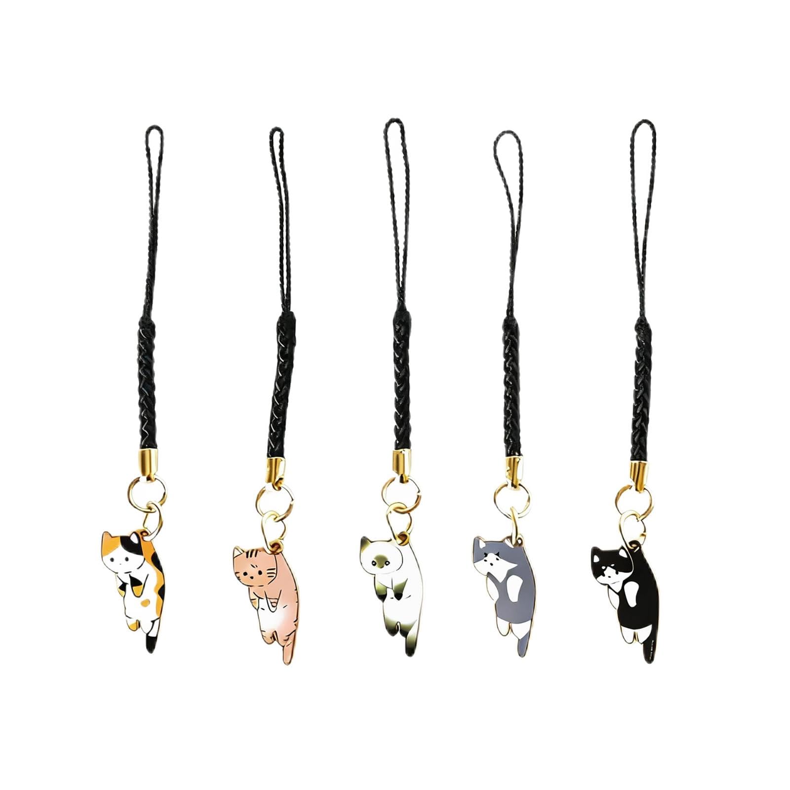 YINKE Cute Cat Keychain Set of 5 Japanese Style Nylon Cord Enamel Bell