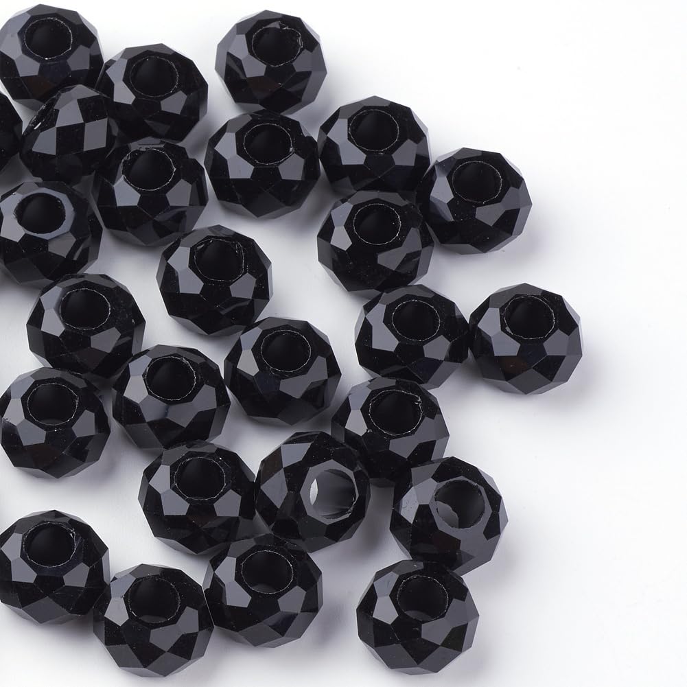 Ipotkitt 100pcs Black Faceted Glass Rondelle European Beads Drum Barrel Large Hole Bead for DIY Jewellery Making Beading Bracelet Necklace Earrings Keychains Crafts