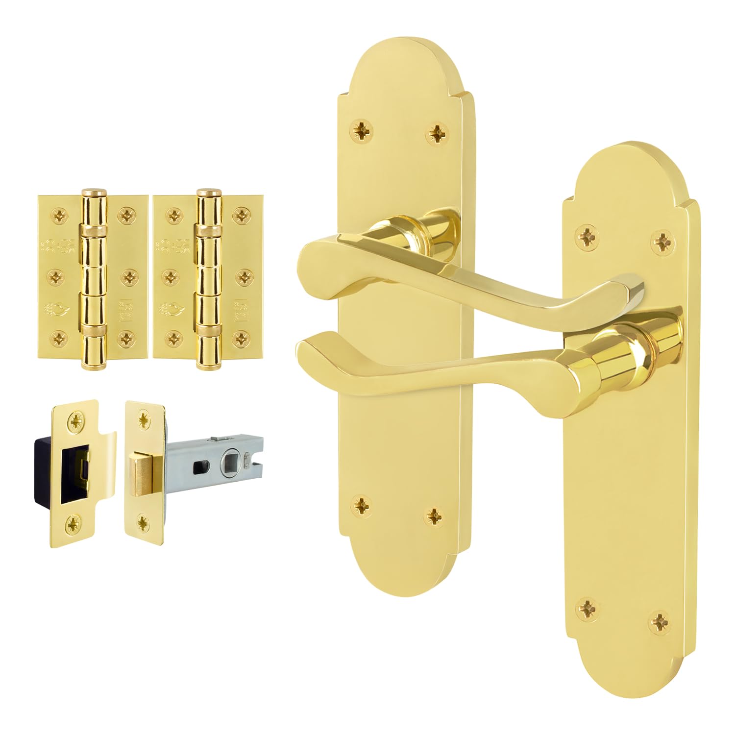 EAI Polished Brass Door Handles with Latch 64mm and Hinges