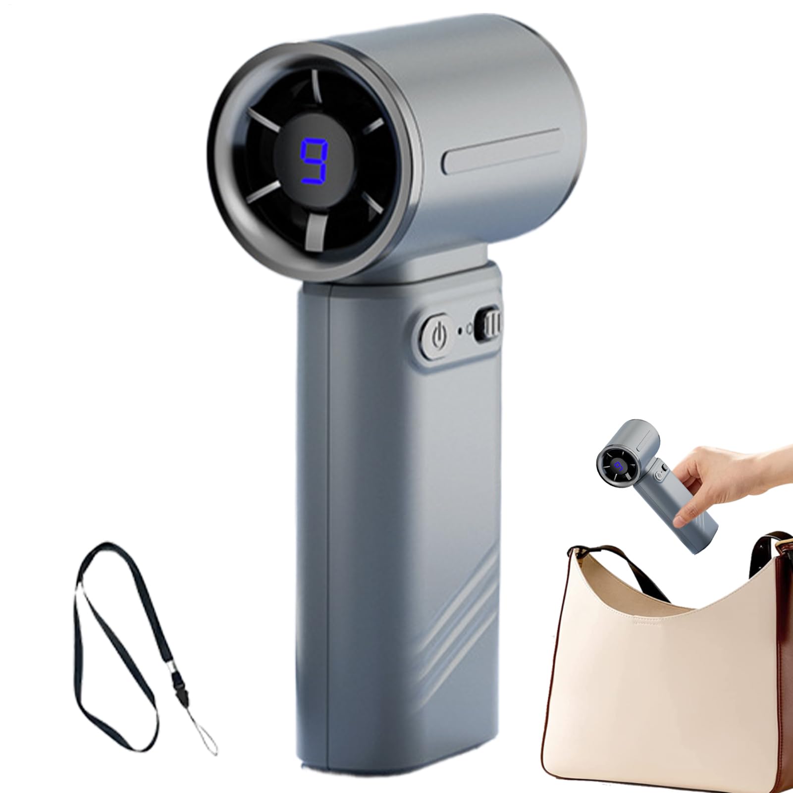 Ventilador portátil de alta velocidad recargable por USB y con práctica pantalla digital