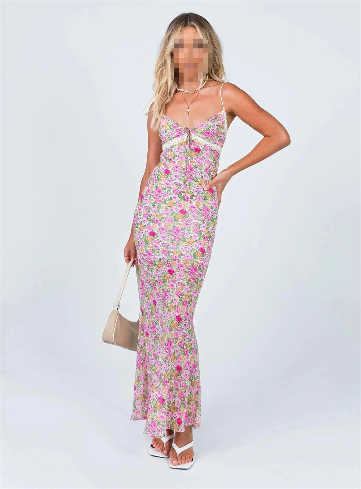 Kleider Heißes Mädchen Französisch Kleid Romantische Blumen Mit V-Ausschnitt Spitzenspleißen Slim Fit Hip Kleid-Blumen-l