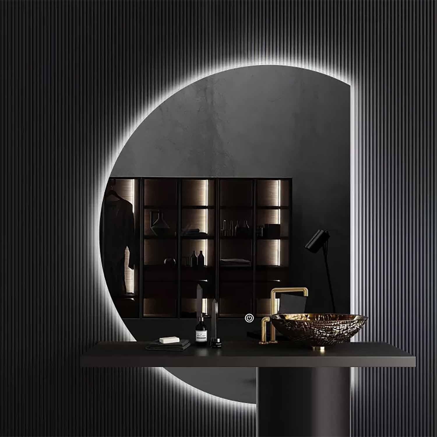 FGXHHS LED 51" Half Moon Vanity Mirrors for Wall, Mirror Trim, Semi-Circle Fogless Wall 3 Colors Dimmable Lighted(Left,35"x24")