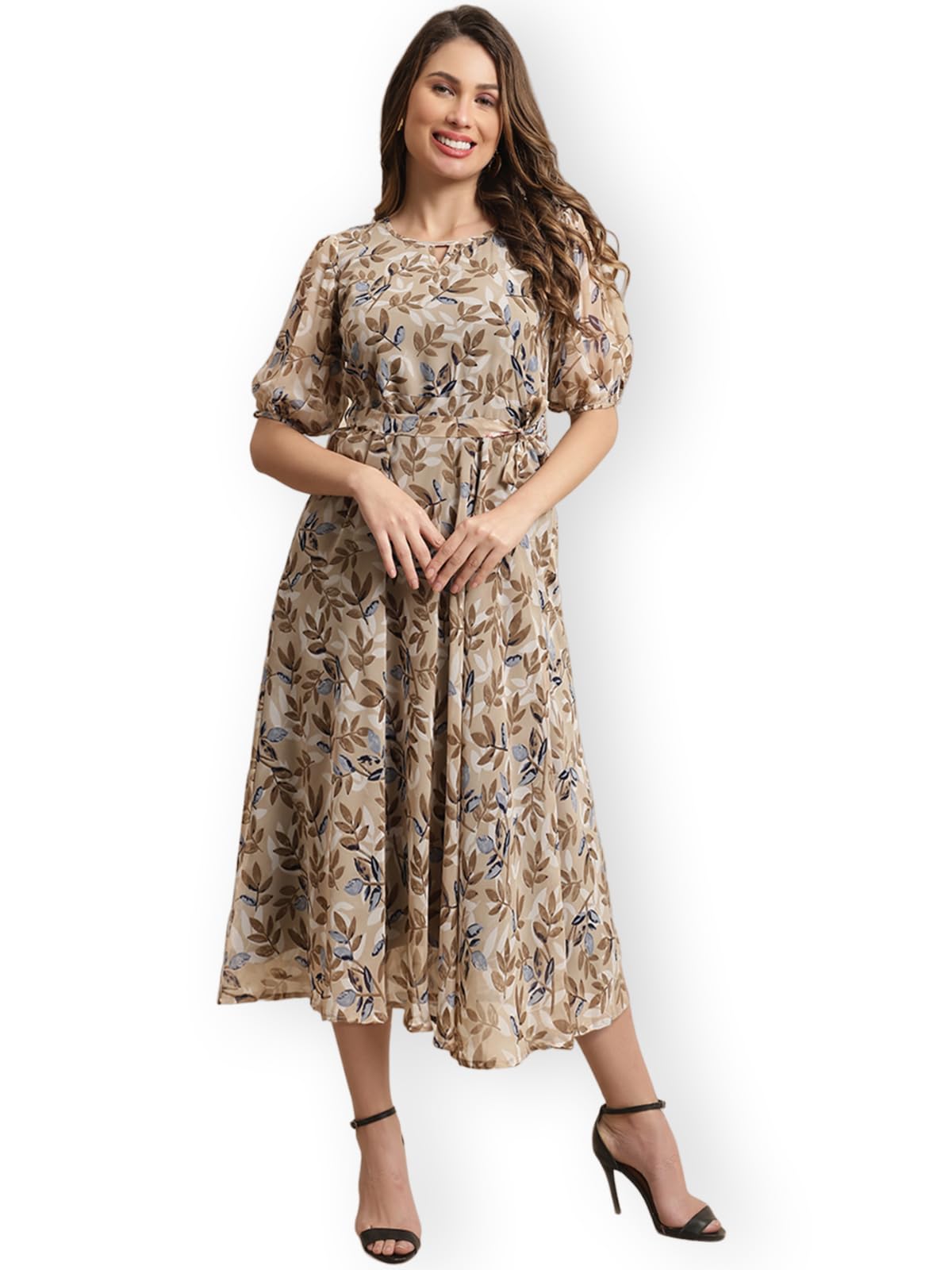 Preneum Women's Maxi Fit & Flare Latest Style Print Georgette Regular Sleeves Casual Summer Maxi Dress || Festival & Occasion, Brown, M