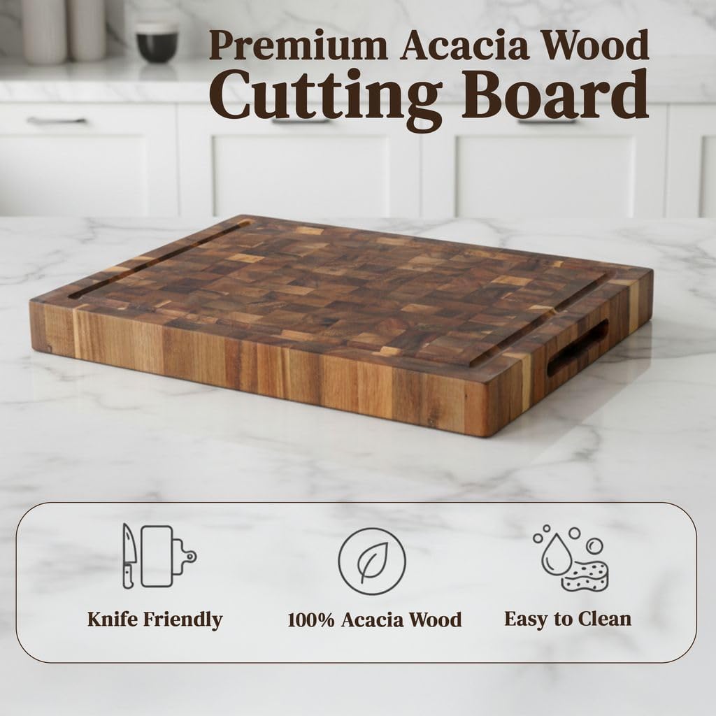 End Grain Acacia Wood Cutting Board 16" x 11" x 1.5", Extra Thick Butcher Block, Deep Juice Groove, Built-In Handles, Knife Friendly for Kitchen Prep, Meat Carving & BBQ by New M Way