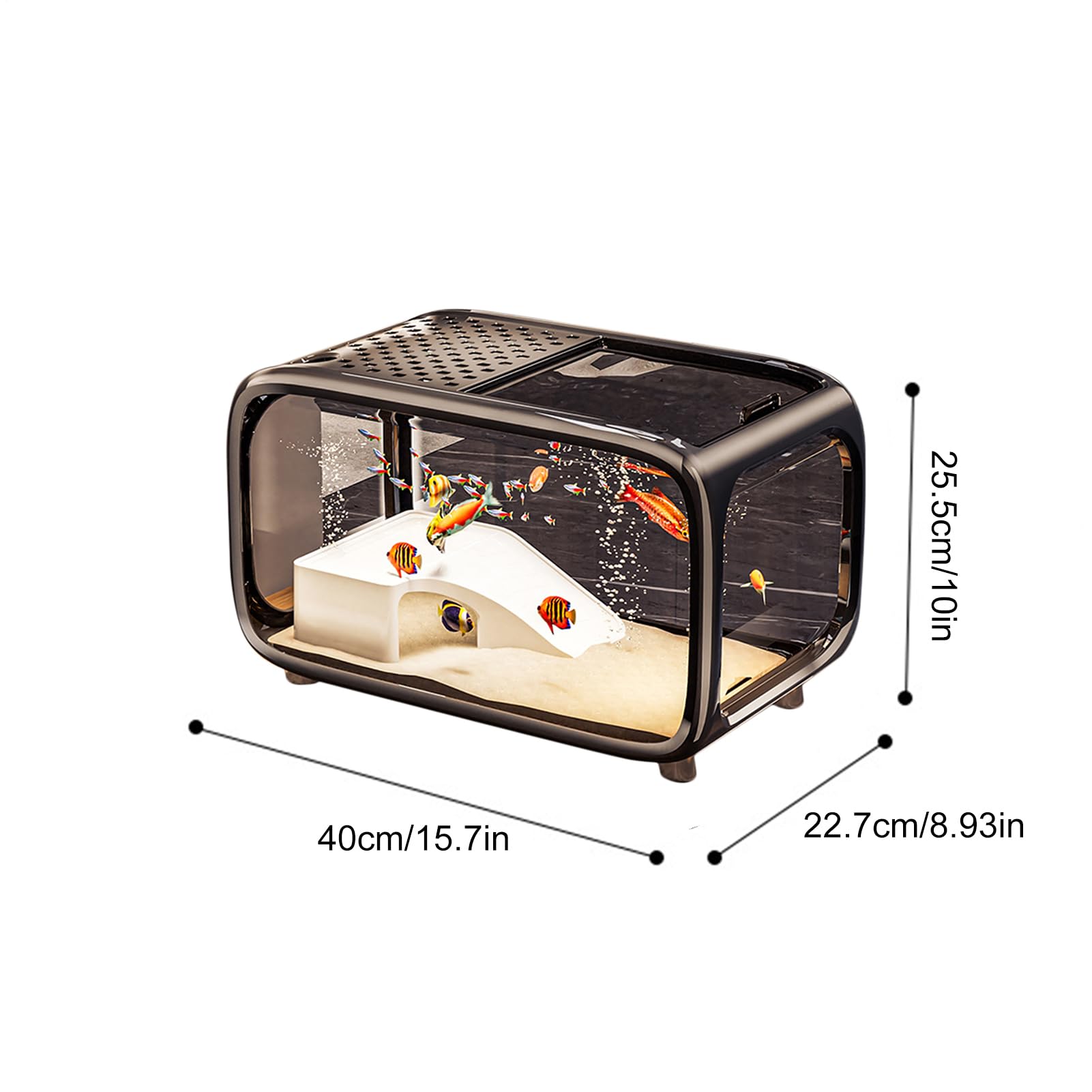 Acuario Pequeño Pecera De Escritorio Para Tortugas Con Decoración De Escala | Recipiente De Paisaje Acrílico Transparente Con Orificio Para Alimentación Para Animales Acuáticos Como Betta