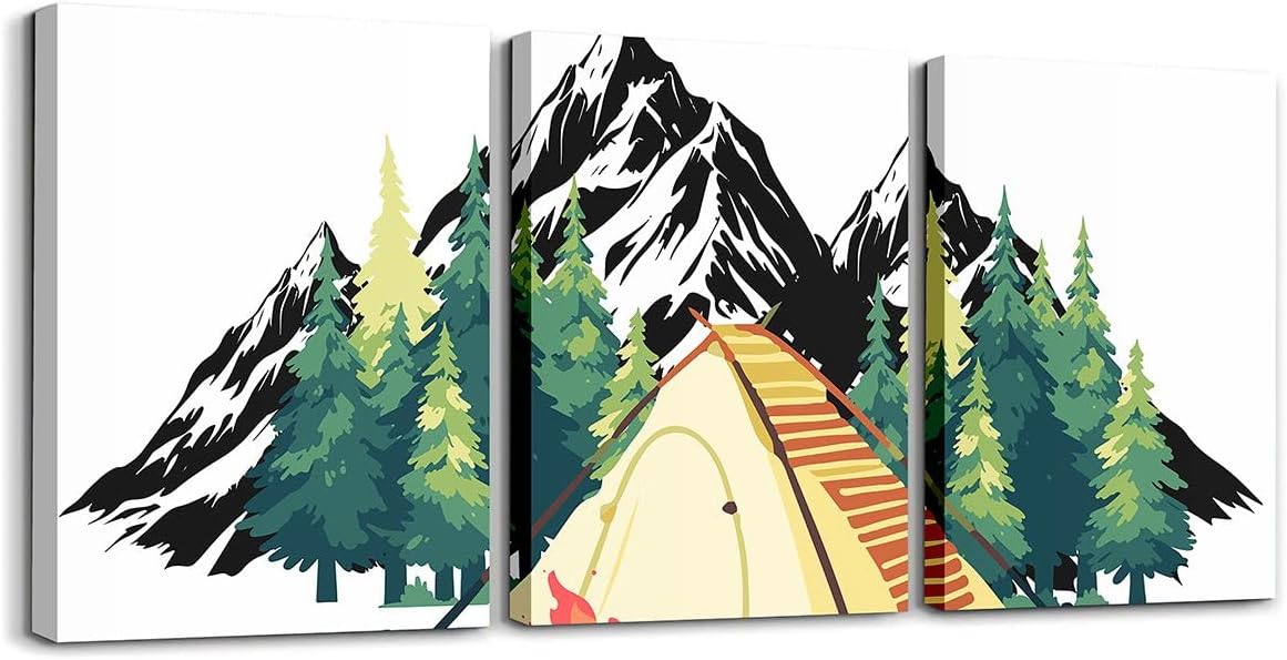 Camfire Tent Glamping 3 Piece Canvas Wall Art Black Smoky Mountain Camping Pictures Wall Decor Framed 16" Lx12 W Each, Camp Pine Trees Camper Decor Vintage Canvas Paintings Posters for Room