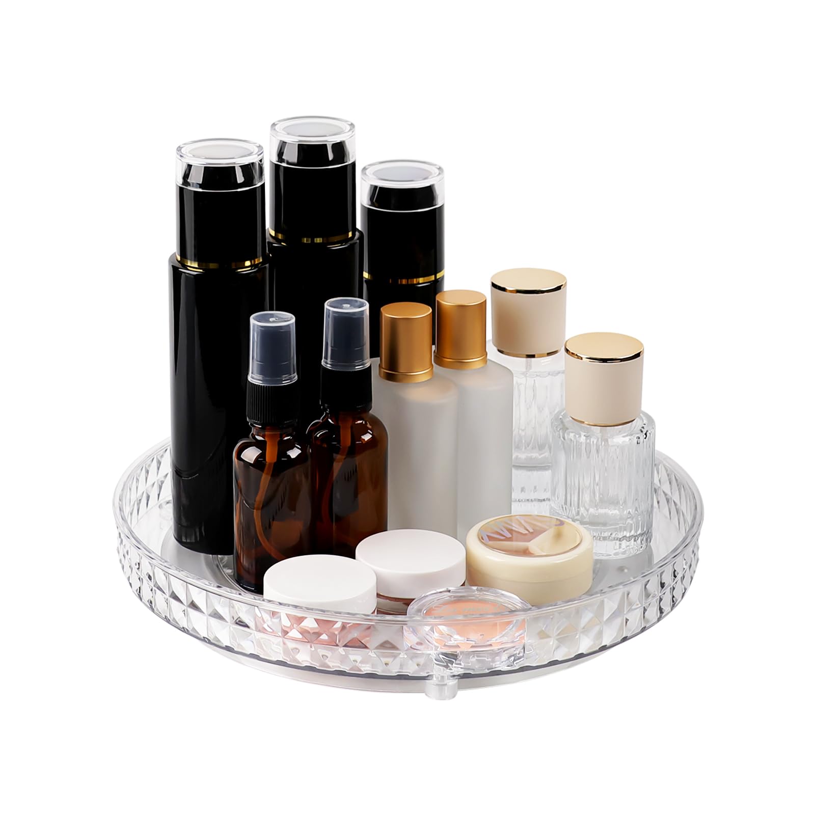 Runivor 360 Clear Rotating Makeup Organize for Vanity,1 Tier Lazy Susan with Diamond Pattern, Large-Capacity Skincare Organizers Cosmetic Display Case