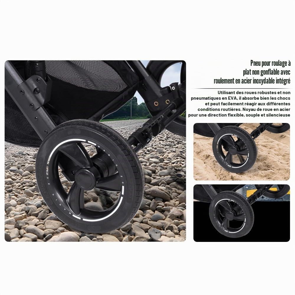 Poussette 4 en 1 avec poignée réglable et châssis aluminium,Noir | Rembourrage épais intégral, hauteur de la poignée modulable selon votre taille
