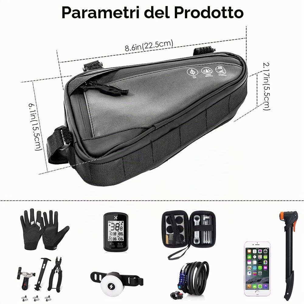 Nasjac Borsa con telaio triangolare per bici, borsa da manubrio anteriore impermeabile da ciclismo Borsa da sella con cinturino per borsa con striscia riflettente