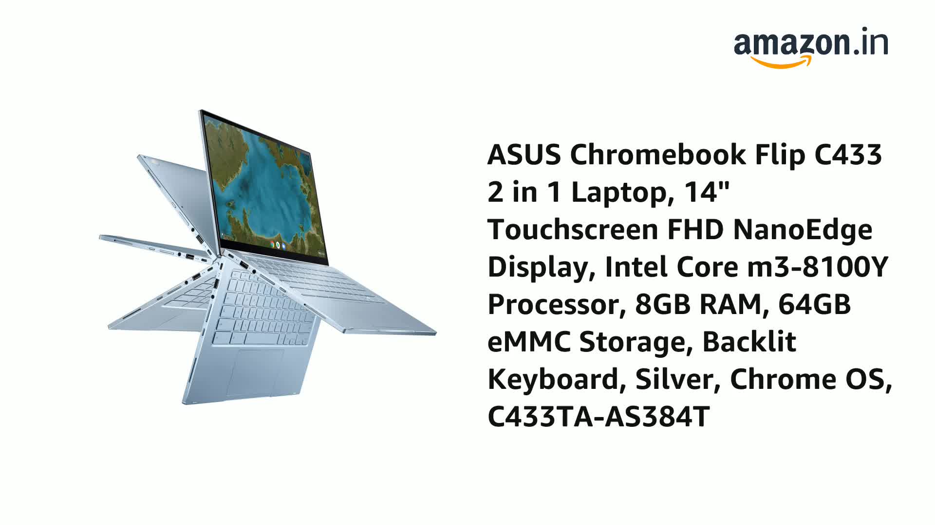 ASUS Chromebook Flip C433 2 in 1 Laptop, 14