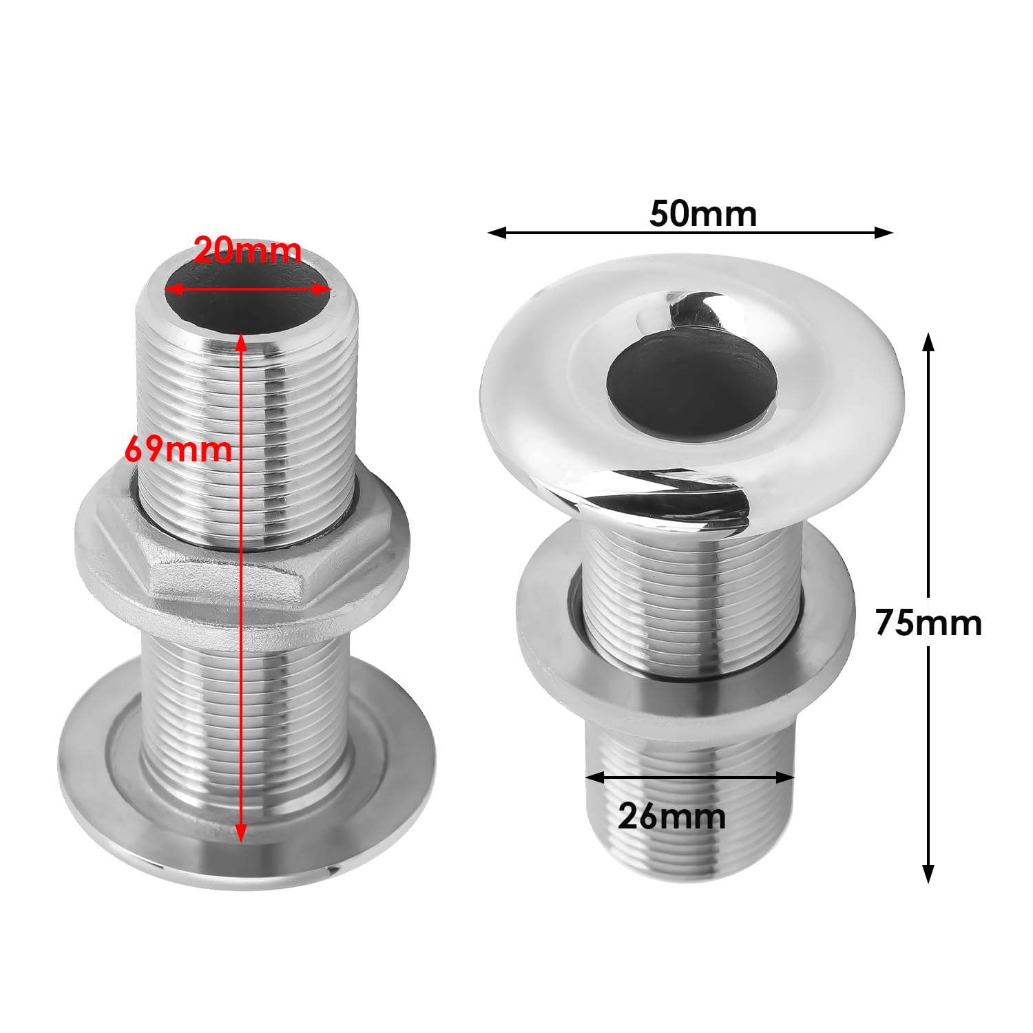 Tissting Borddurchlass Verschraubung mit Mutter, 3/4 Zoll 75mm 316 Edelstahl Entlüftung Anschluss Universelle Borddurchbruch Ablaufanschluss für Boote, Yachten, Marine
