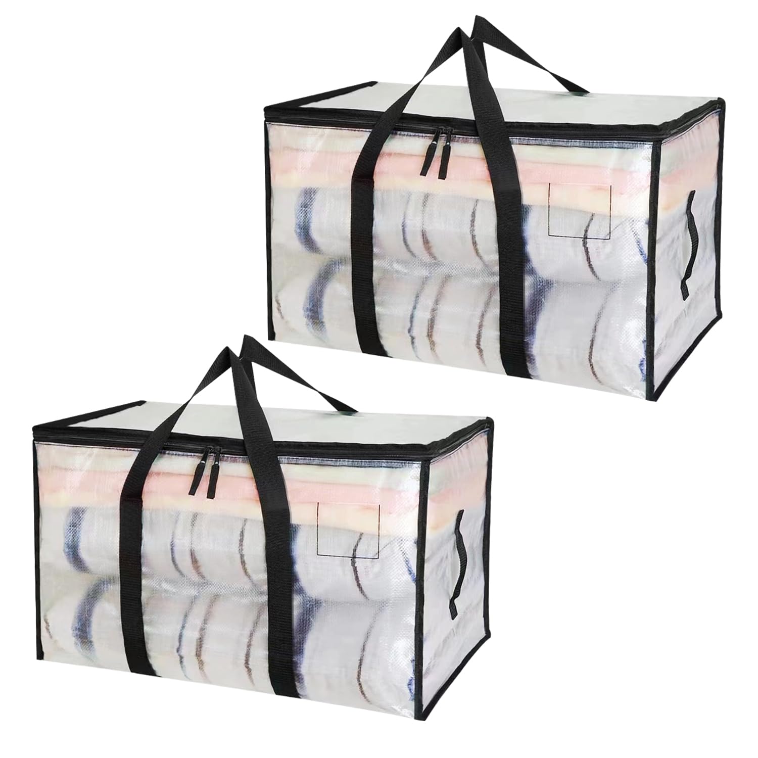 Lot de 2 90L Grands Sac de Rangement avec Couvercle et Poignées Renforcées, Sac Rangement Vetement, Cartons Déménagement Résistant pour Rangement des Vêtements et voyages, Sac à Linge