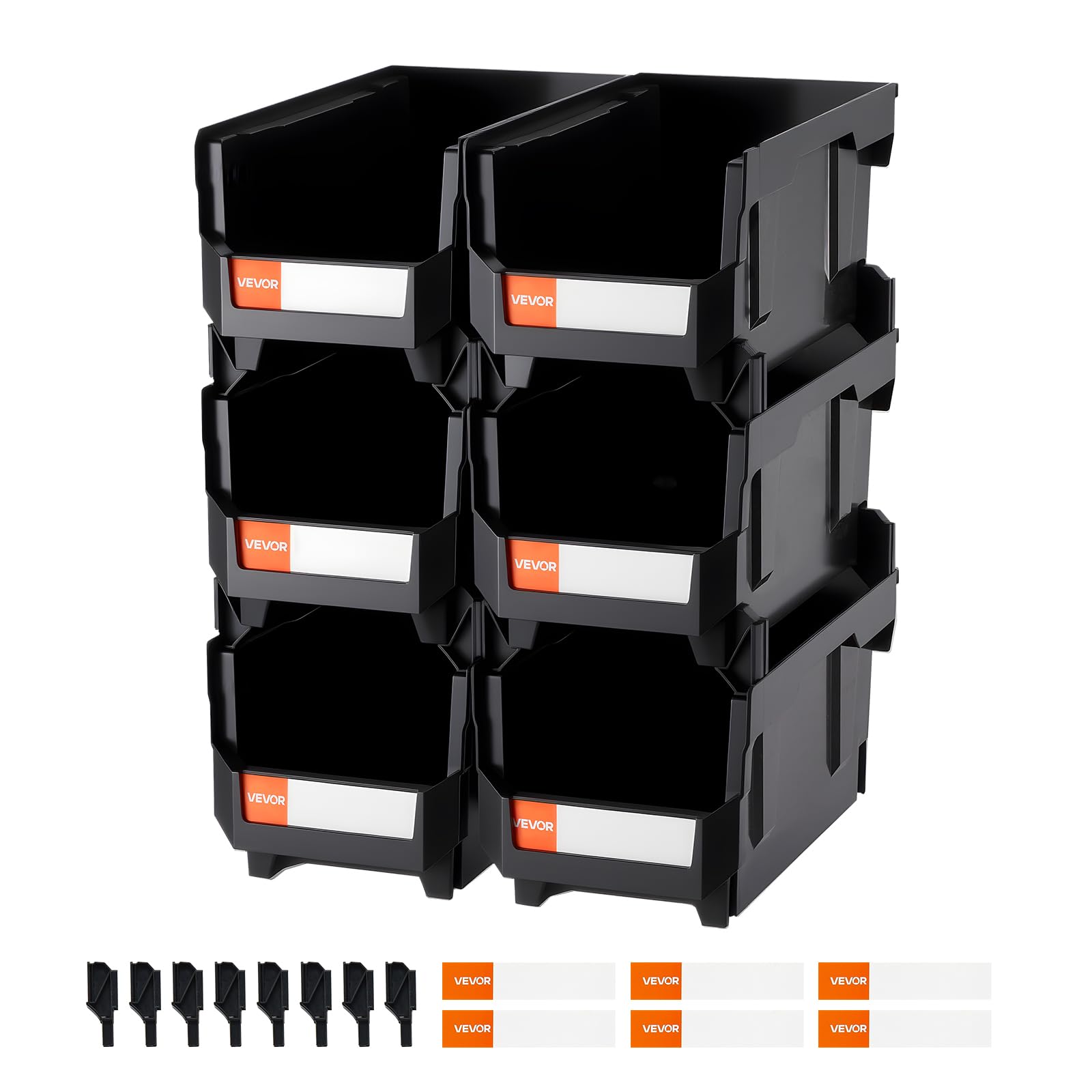 VEVOR Contenitori Impilabili in Plastica, 377 x 215 x 180 mm, 6 Pezzi, Contenitori in Plastica per Organizzare Oggetti in Armadio, Garage, Piccole Parti, Forniture per Ufficio, Altri Accessori, Nero