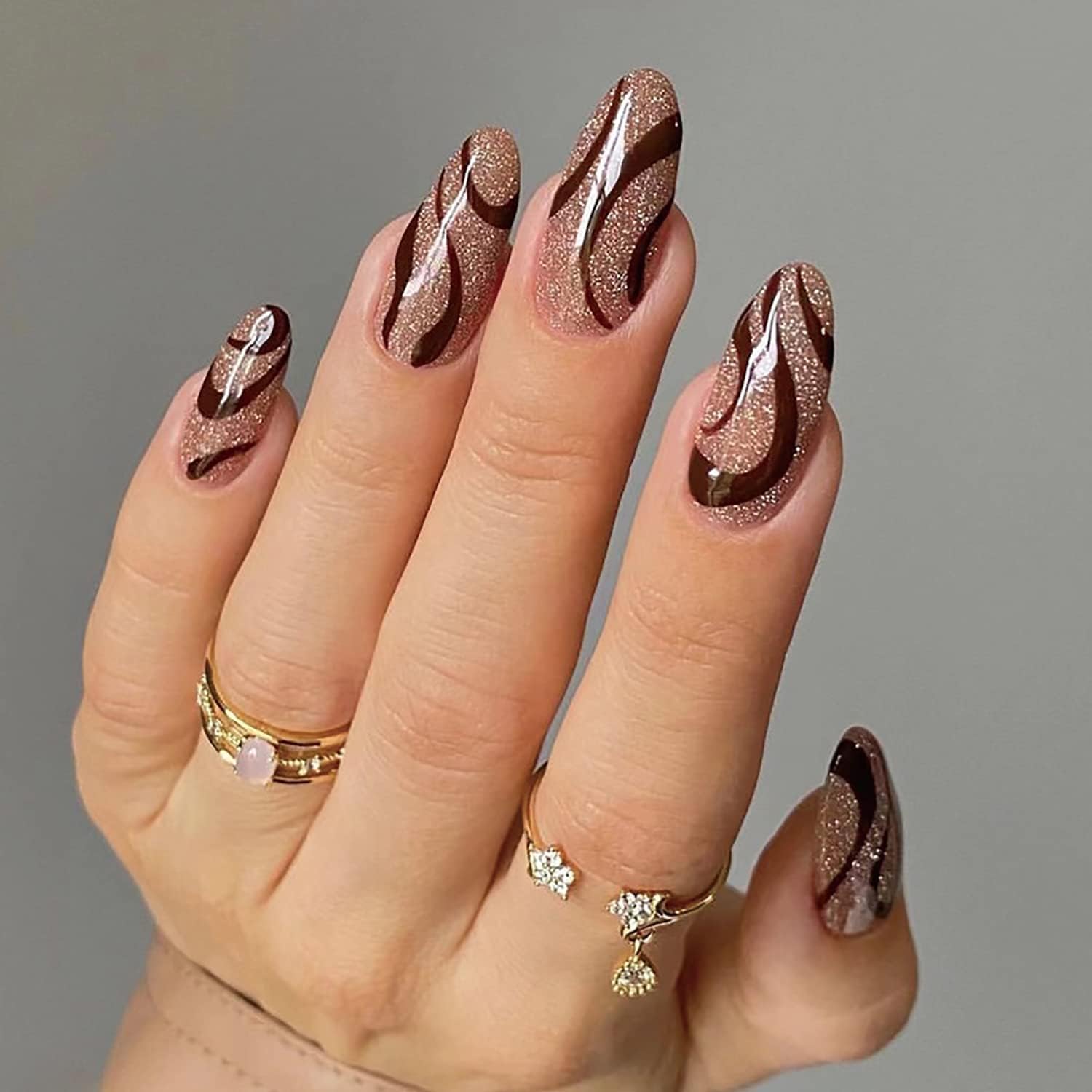 Gloss & Go 24 Reusable Artificial Fake Nail Set| Light Dark Brown Glitter Almond Nails| Lightweight & Long Lasting| Easy To Use| Quick Fix For Festivals & Special Occasions