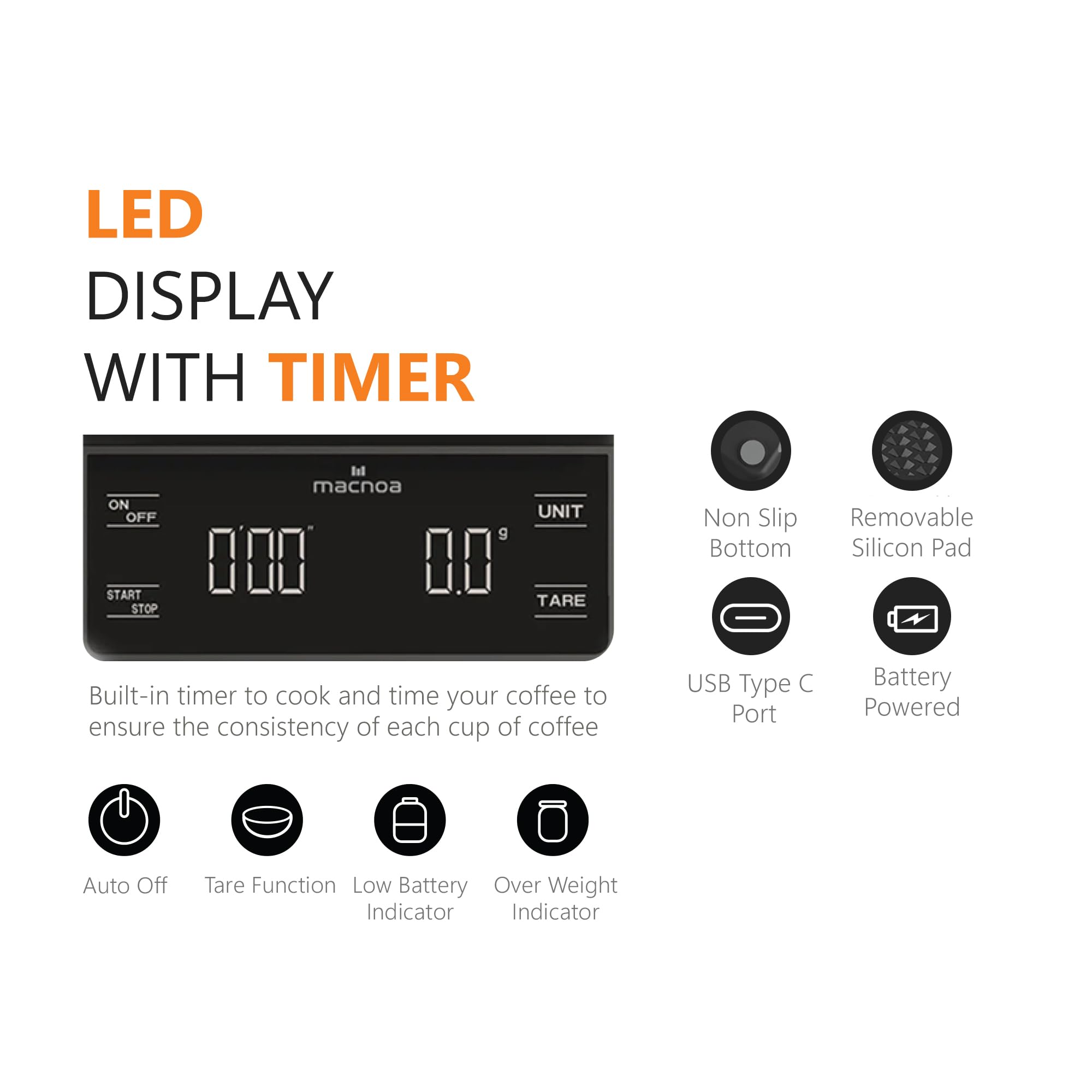 Macnoa Coffee Scale With Timer - 3kg/0.1g Accuracy, Backlit LCD, USB-C Rechargeable, For Pour Over & Espresso - View #3