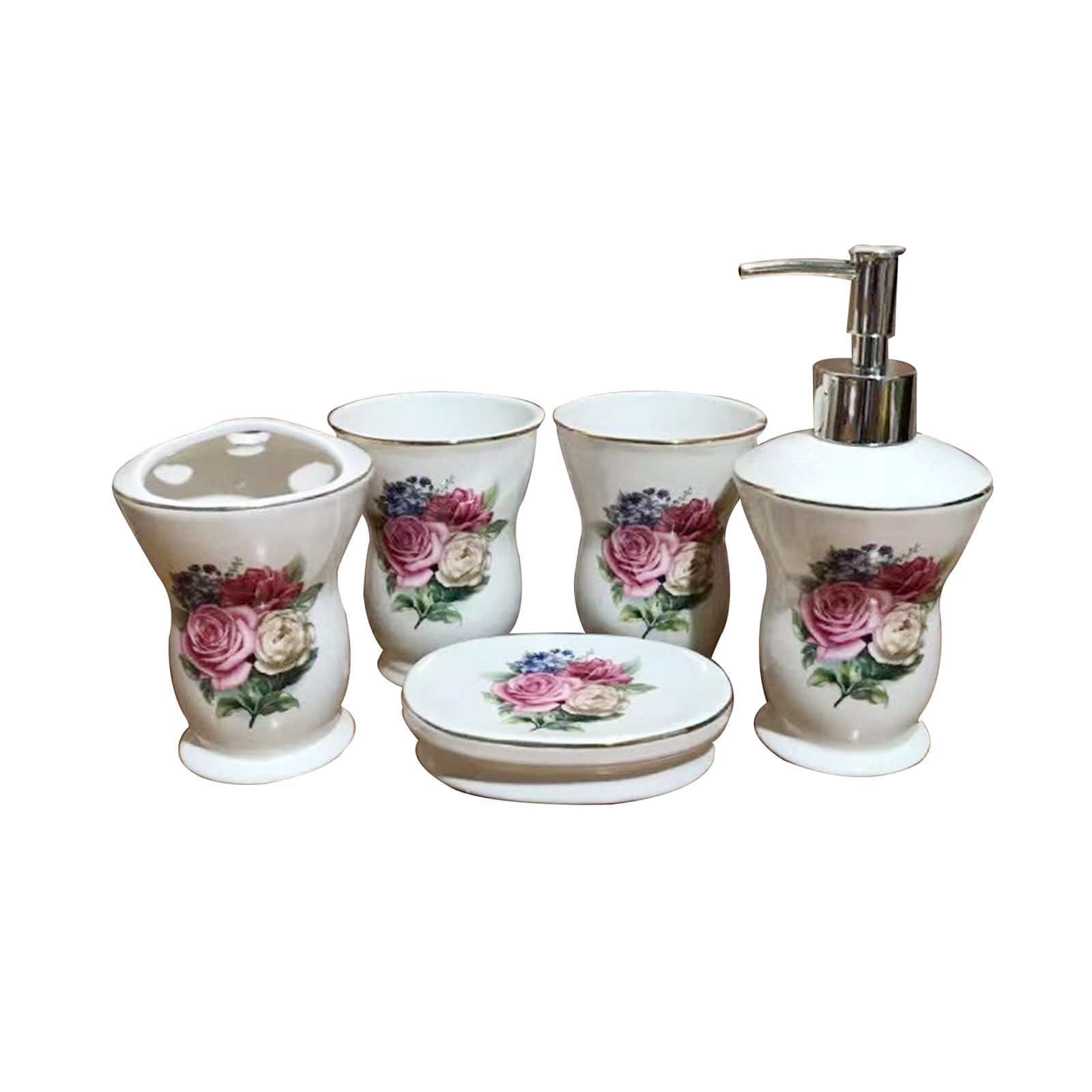 Set di accessori per il bagno in ceramica con fiore di rosa, 4 pezzi, inclusi 1 portaspazzolino, 1 tazza per spazzolini da denti per gargarismi, 1 portasapone, 1 dispenser per lozione
