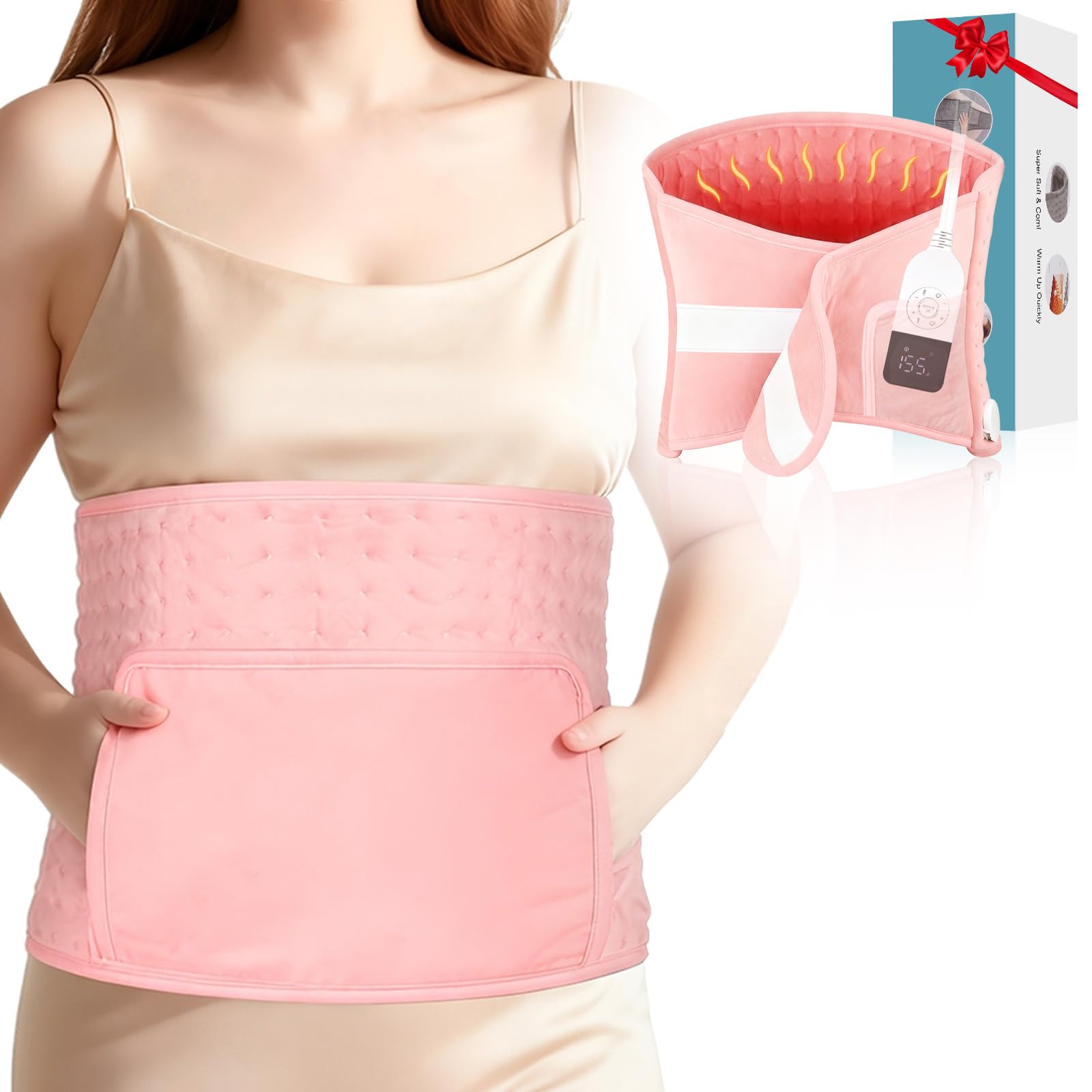 51" Heating Pad for Period Cramps Built with Hand Warmer Pocket, Controller Pocket & 9.84ft/3M Extra-Long Cord, Adj. Temp Timer Auto Shut Off Wrap