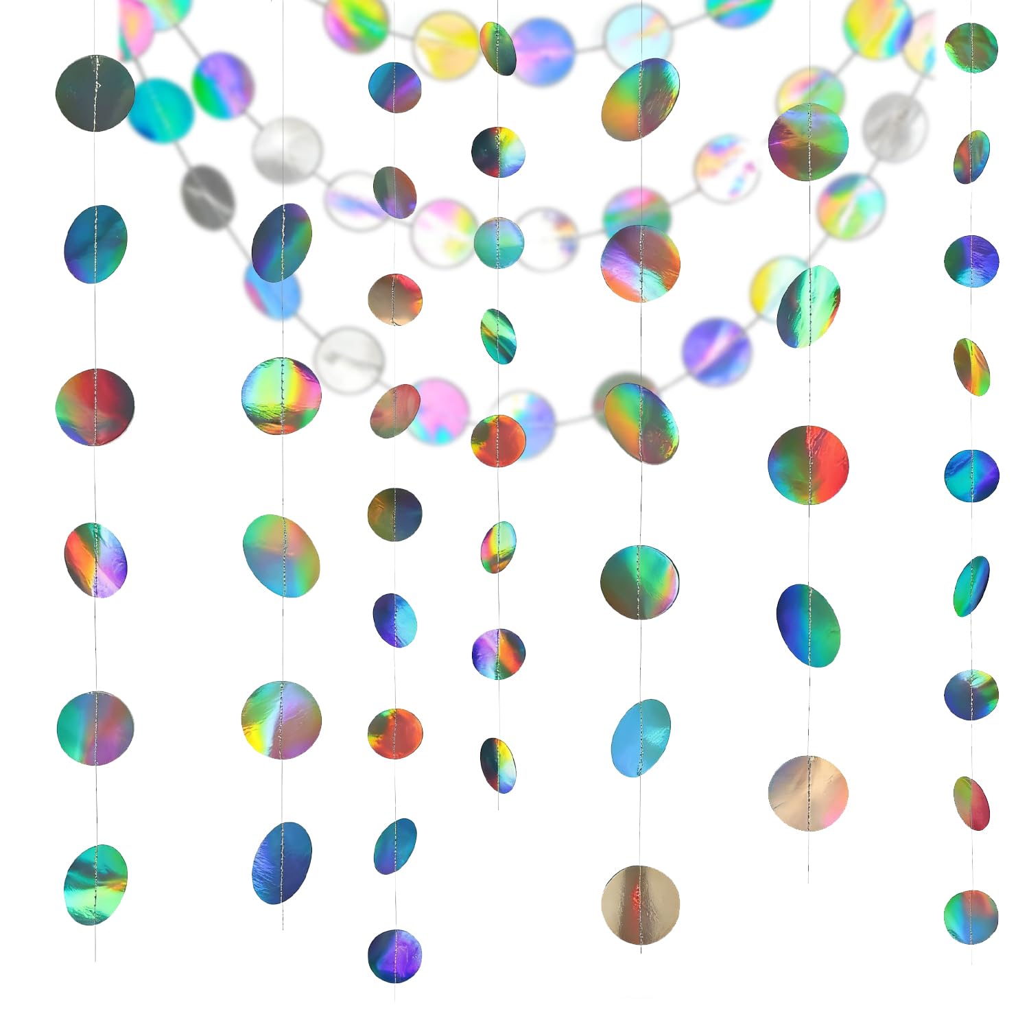 52ft Iridescent Circle Dot Streamer Garland Decoration, Holographic Rainbow Circle Paper Garland Rainbow Twinkle Paper Banner Backdrop Hanging Decoration for Wedding Birthday