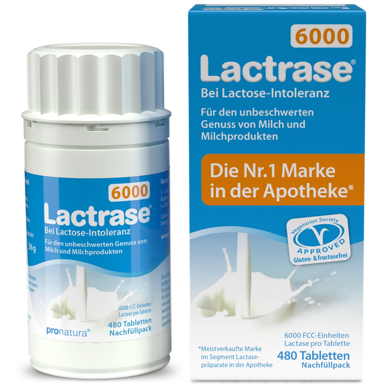 pro natura Lactrase 6000 – Nachfüll-Pack für Klickspender, 480 Lactase Tabletten bei Lactose-Intoleranz, für den unbeschwerten Genuss von Milch und Milchprodukten