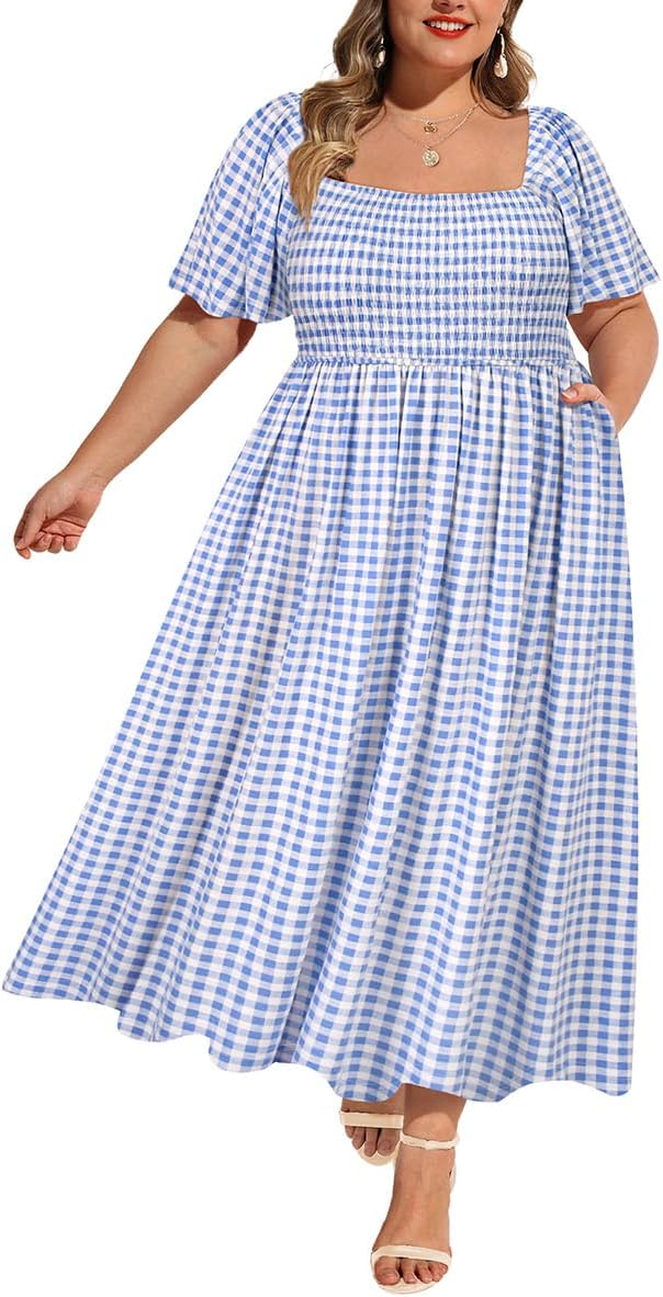 RITERA Plus Size Dresses for Curvy Women Square Neck Short Sleeve Summer Floral Smocked Maxi Dress with Pocket XL-5XL