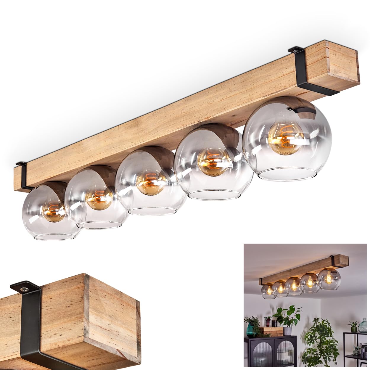 Hofstein Light/Black Montgomery Ceiling Ceiling Lamp Made Of Metal/Wood/Glass In Black/Natural/Smoke Colour/Clear, Scandinavian Design With Wooden Beams And Glass Shades (Ø 15 Cm), 5 X E27, Without Bulbs