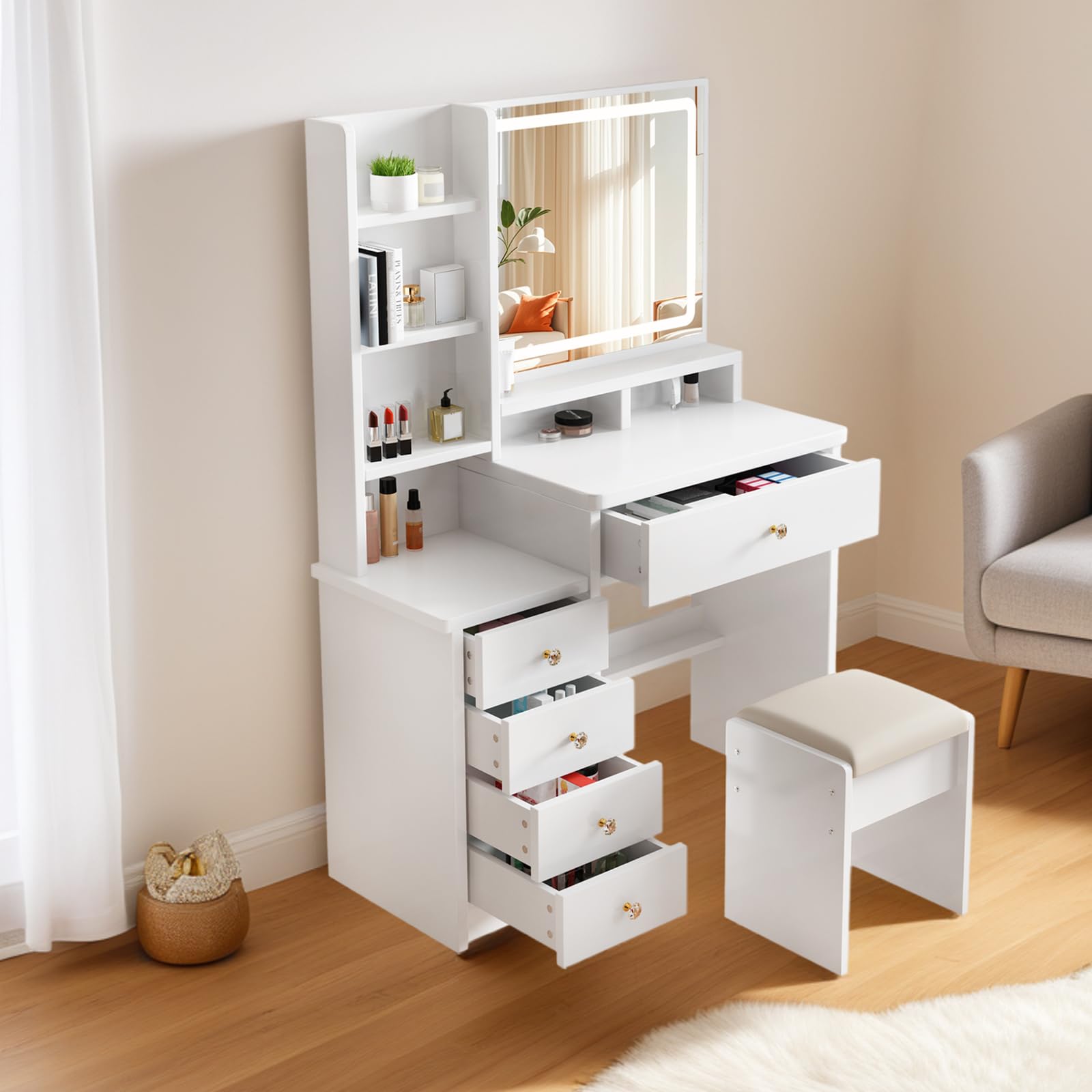 YuYe Tavolo da trucco con illuminazione LED, specchio con luminosità regolabile, tavolo da trucco con sedia, toeletta con 5 cassetti e 3 ripiani, moderno tavolo da trucco in legno bianco (154)
