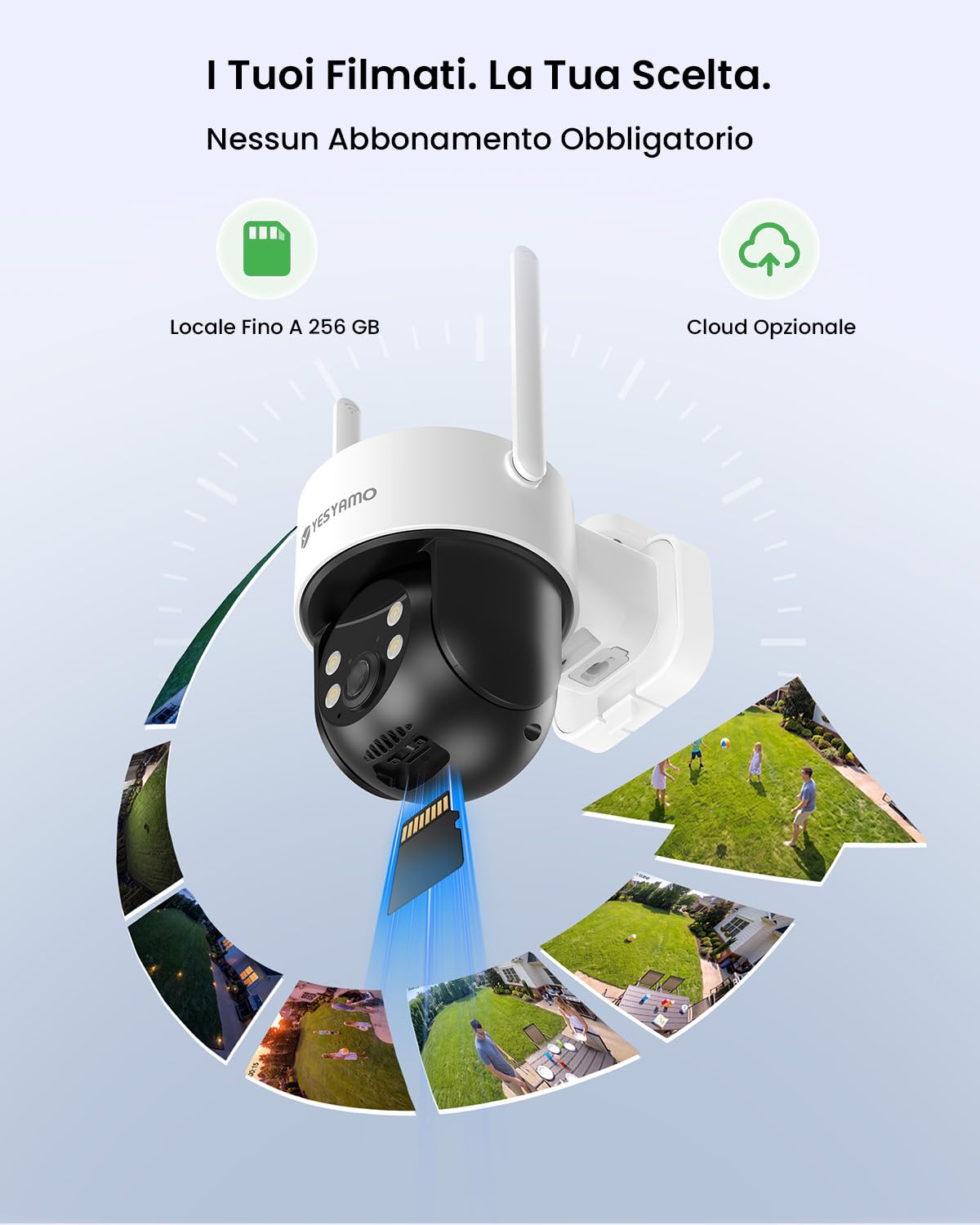 YESYAMO 4MP AOV Telecamera WiFi Esterno con Tracciamento Automatico | Monitoraggio Continuo 24/7 Telecamera Solare 360° PTZ con Rilevamento AI 30m, Batteria 9000mAh, Allarme Sono/Lumière, 2,4GHz